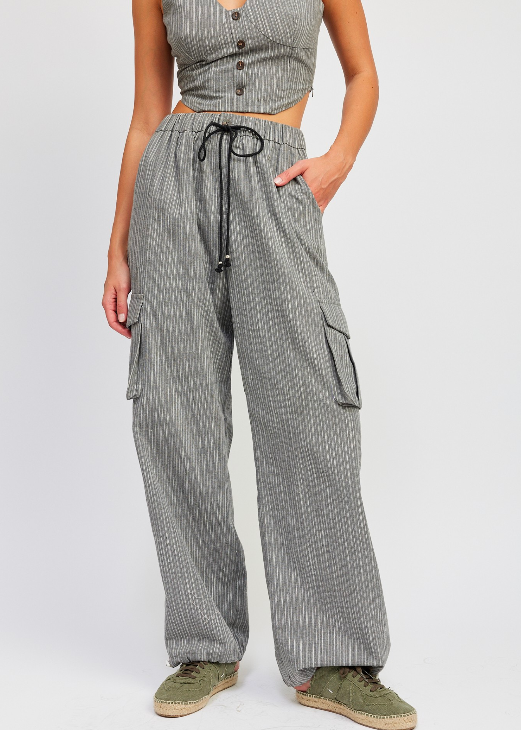 Striped Cargo Pants With Waist Drawstring