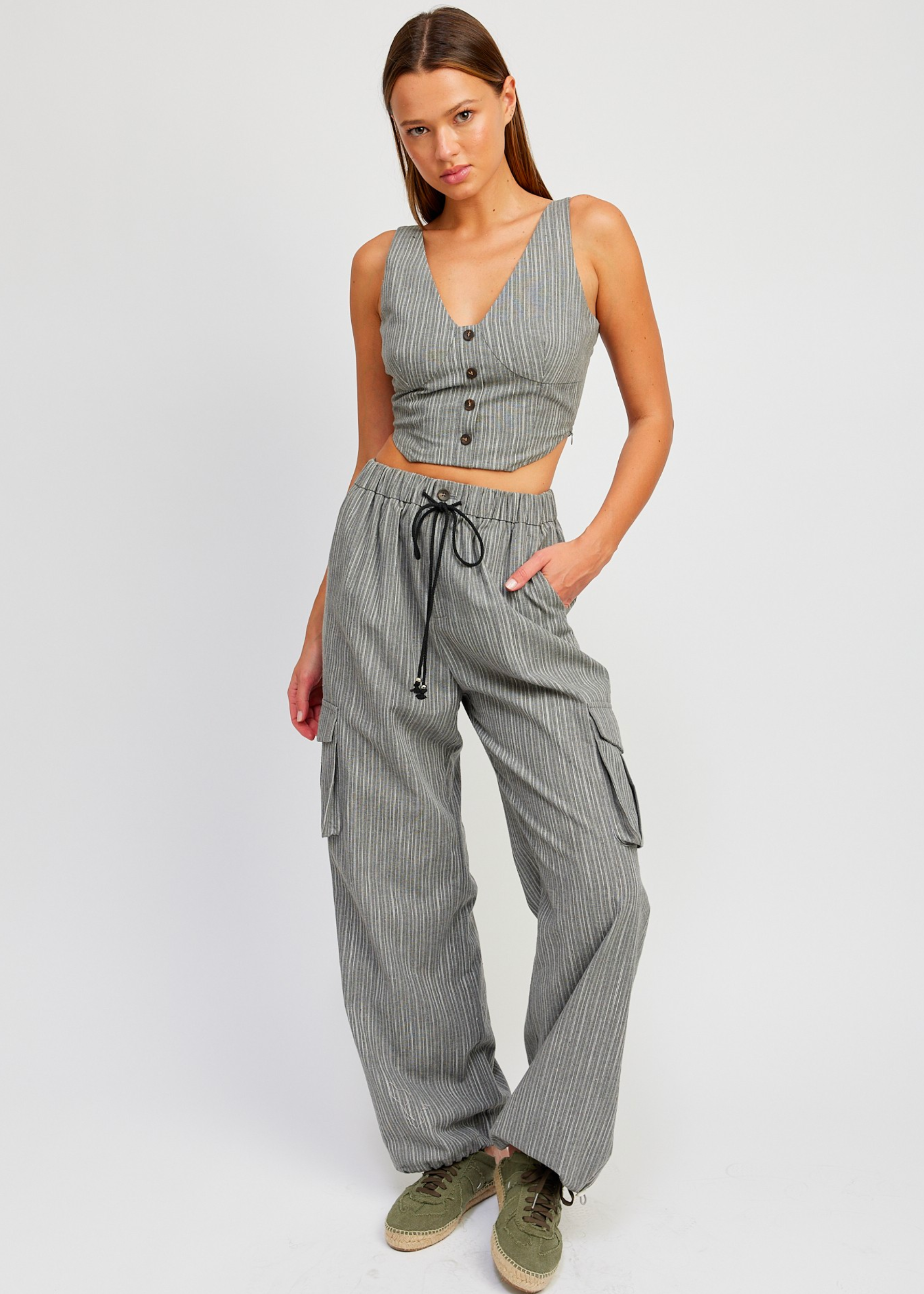 Striped Cargo Pants With Waist Drawstring