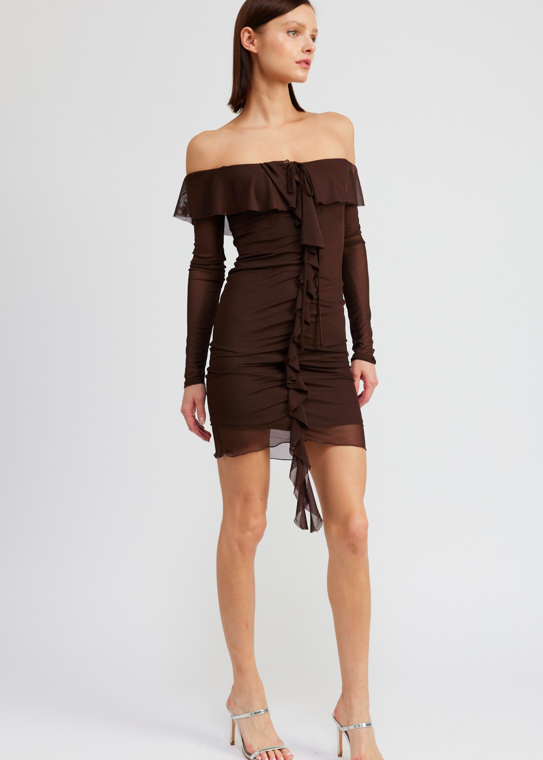 OFF SHOULDER MINI DRESS WITH RUFFLE DETAIL
