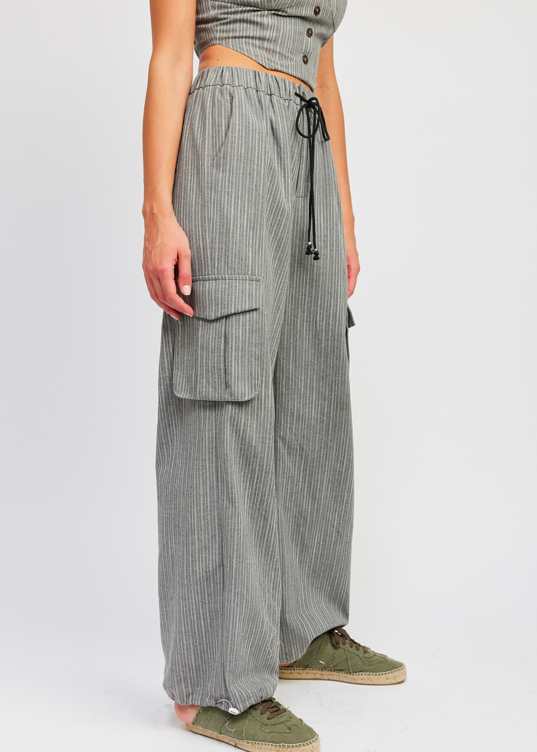 Striped Cargo Pants With Waist Drawstring