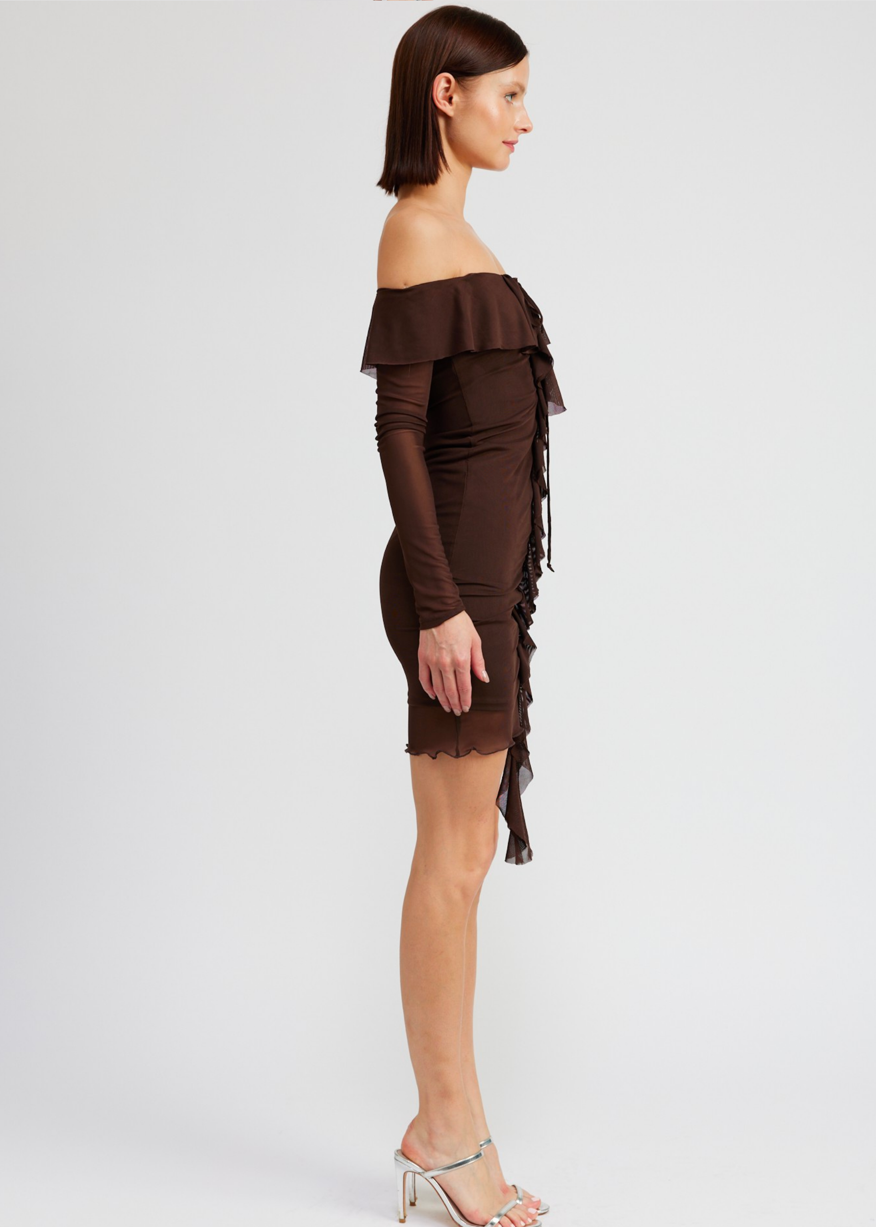 OFF SHOULDER MINI DRESS WITH RUFFLE DETAIL