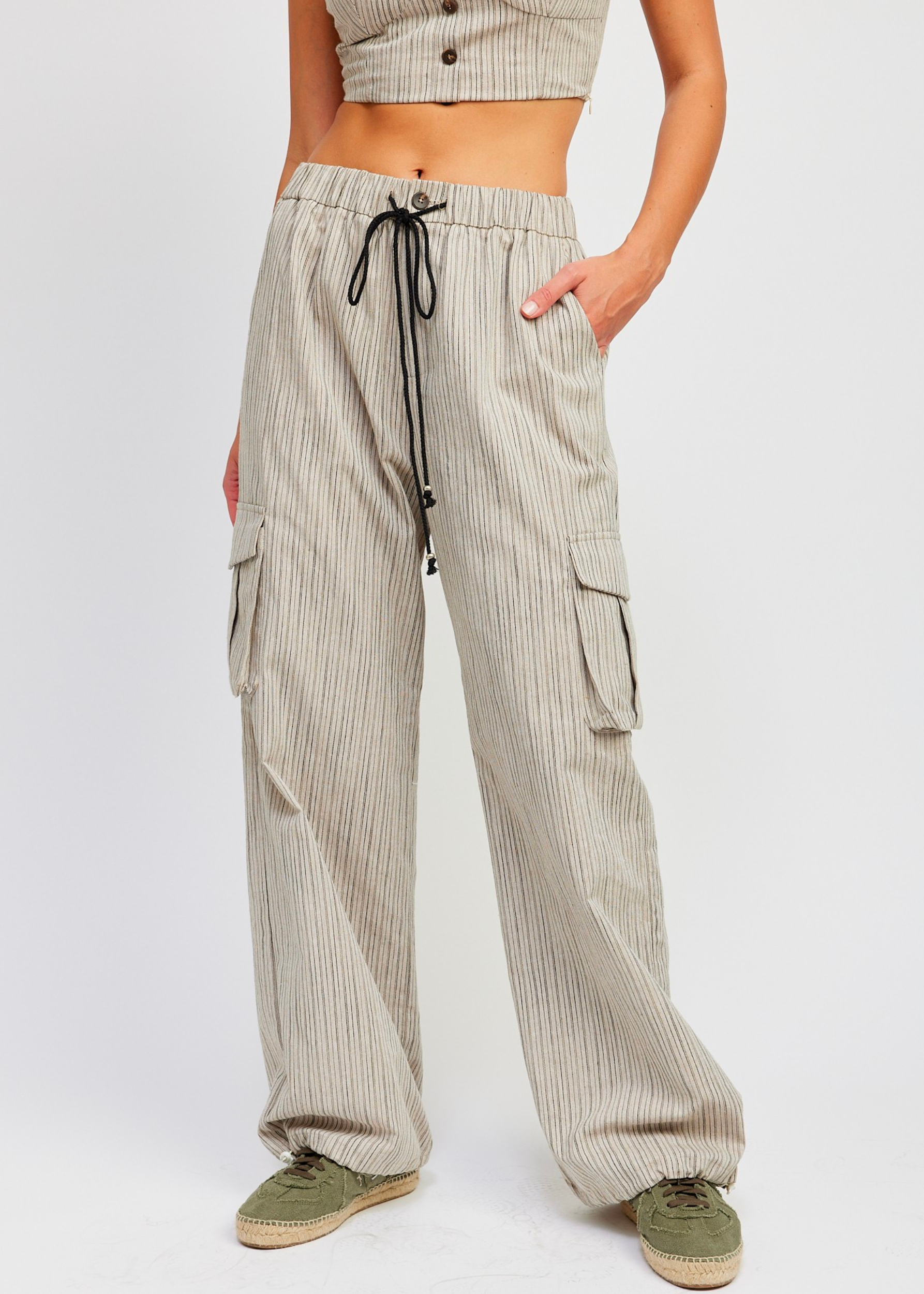 Striped Cargo Pants With Waist Drawstring