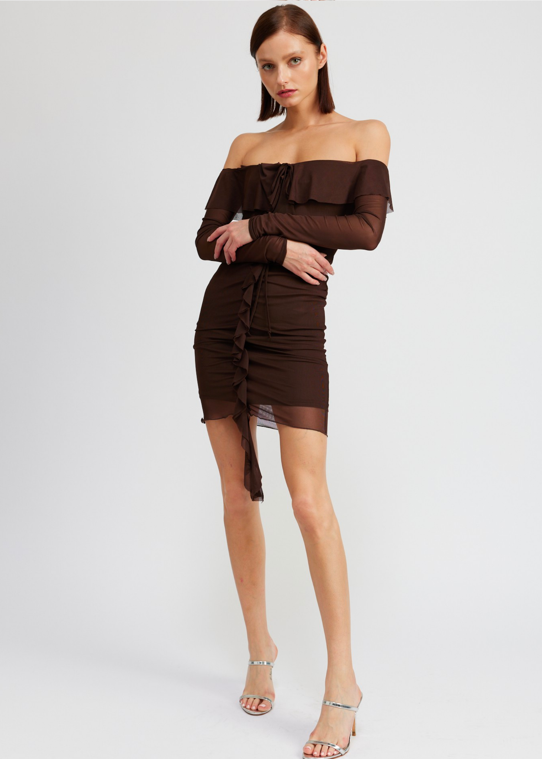 OFF SHOULDER MINI DRESS WITH RUFFLE DETAIL