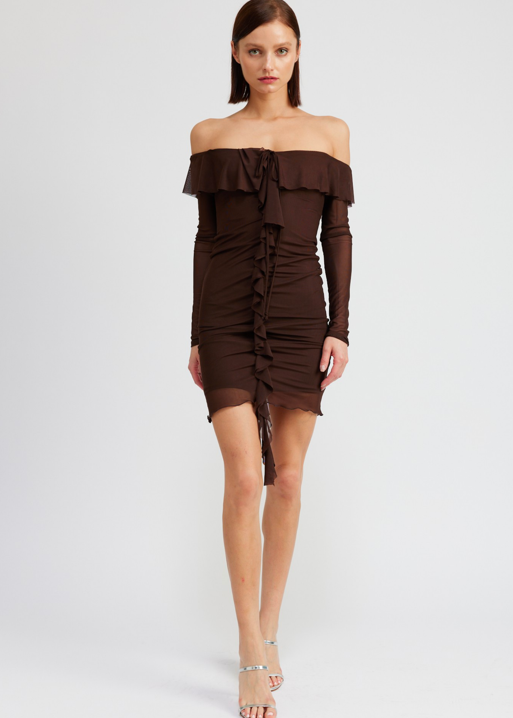 OFF SHOULDER MINI DRESS WITH RUFFLE DETAIL