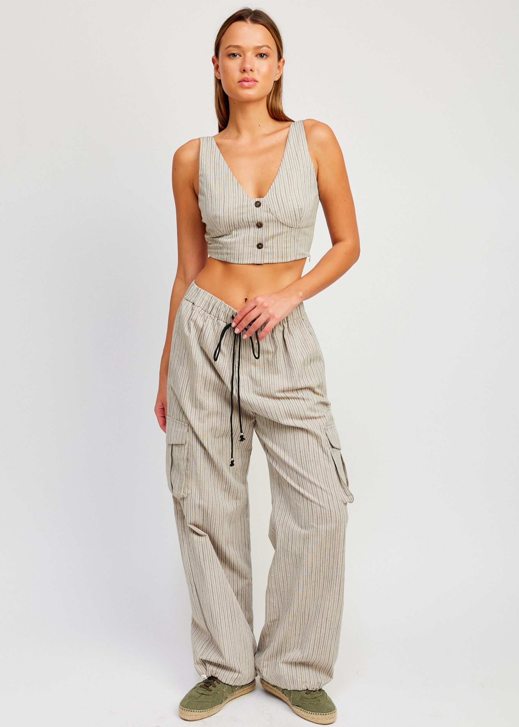 Striped Cargo Pants With Waist Drawstring