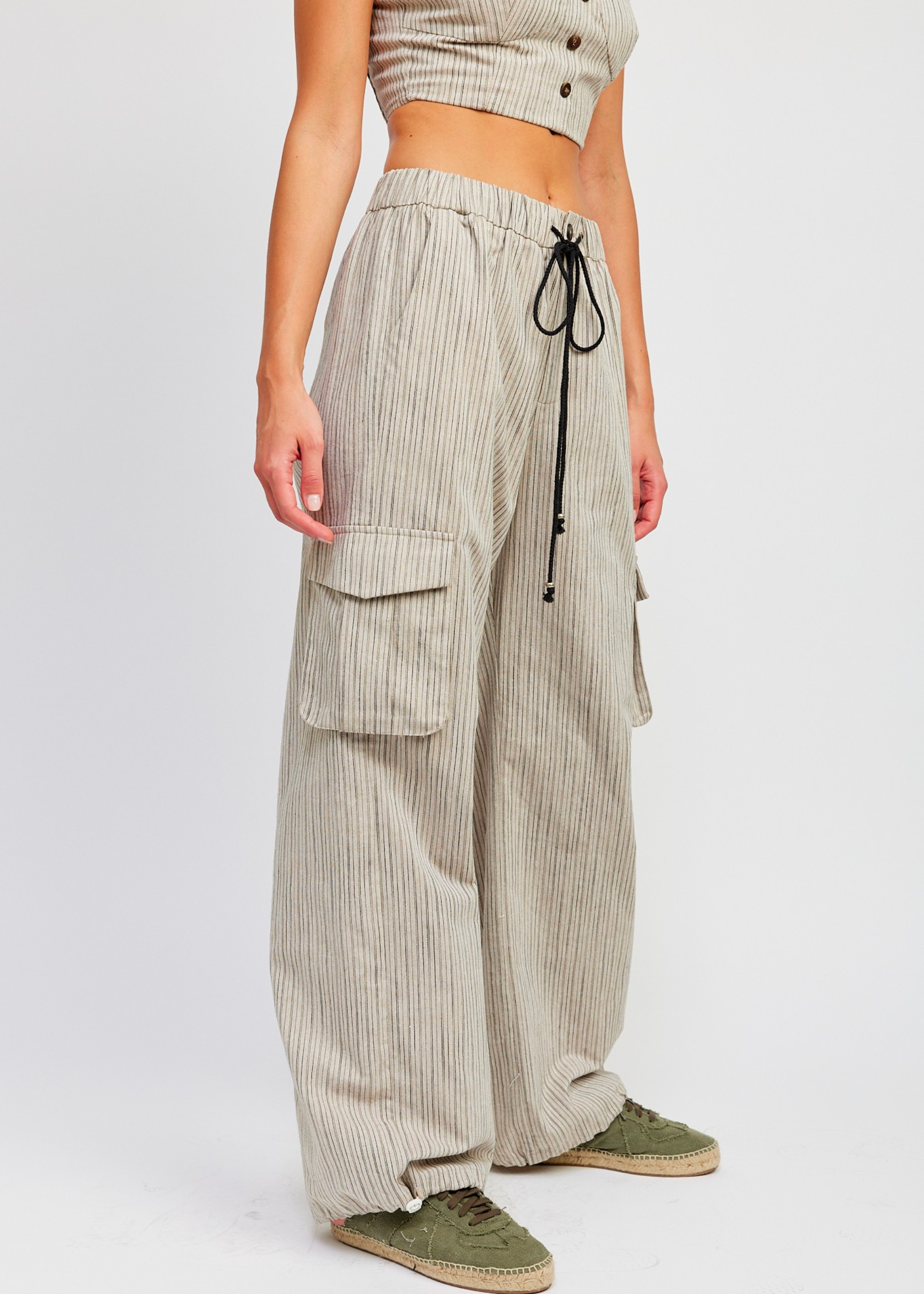 Striped Cargo Pants With Waist Drawstring