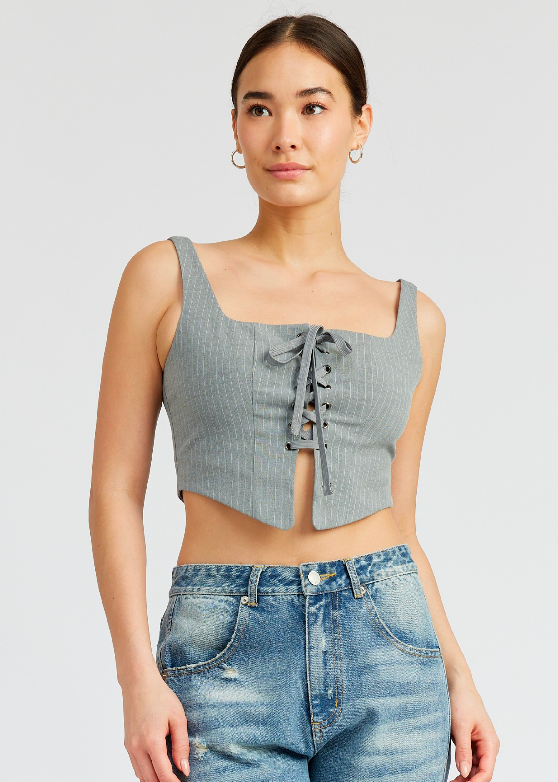 Square Neck Top With Lace Up Front