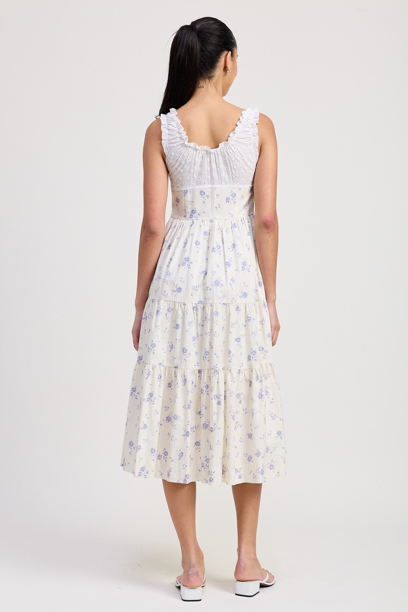 MIXED MEDIA EYELET PEEKABOO MIDI DRESS