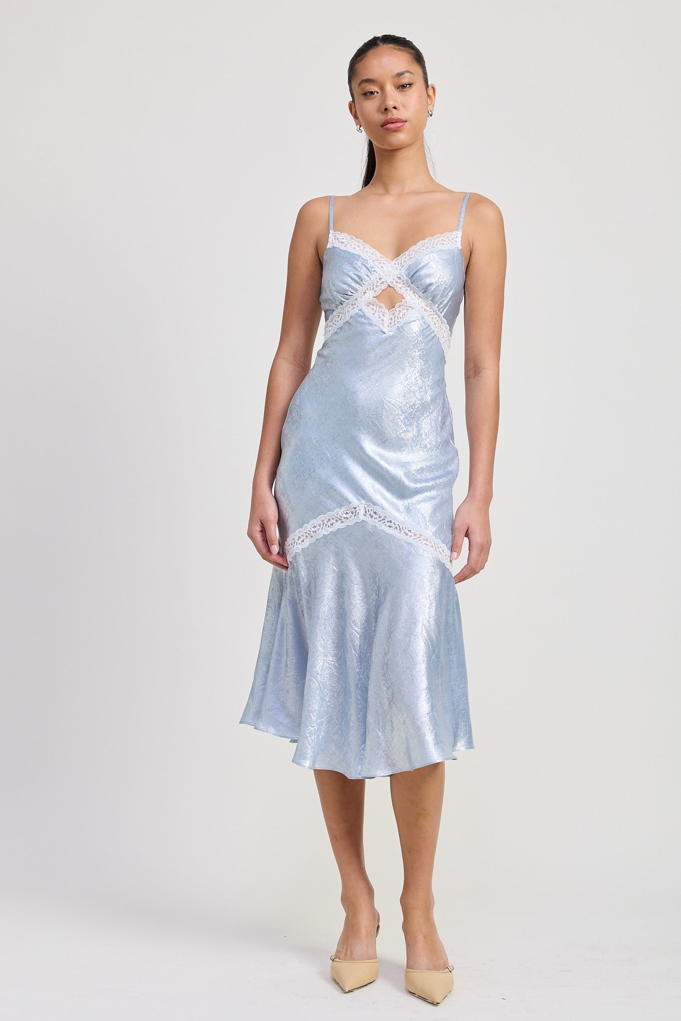 LACE TRIM MIDI SLIP DRESS
