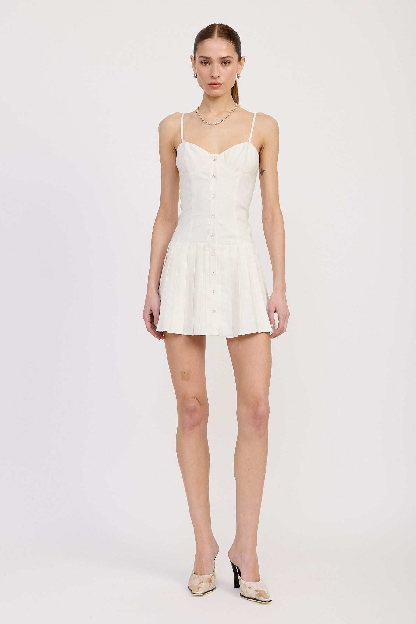 SPAGHETTI STRAP PLEATED MINI DRESS