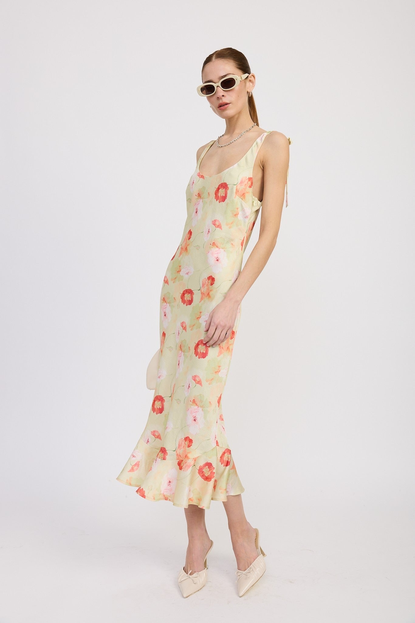 PRINTED SATIN MIDI DRESS WITH SCOOP NECK
