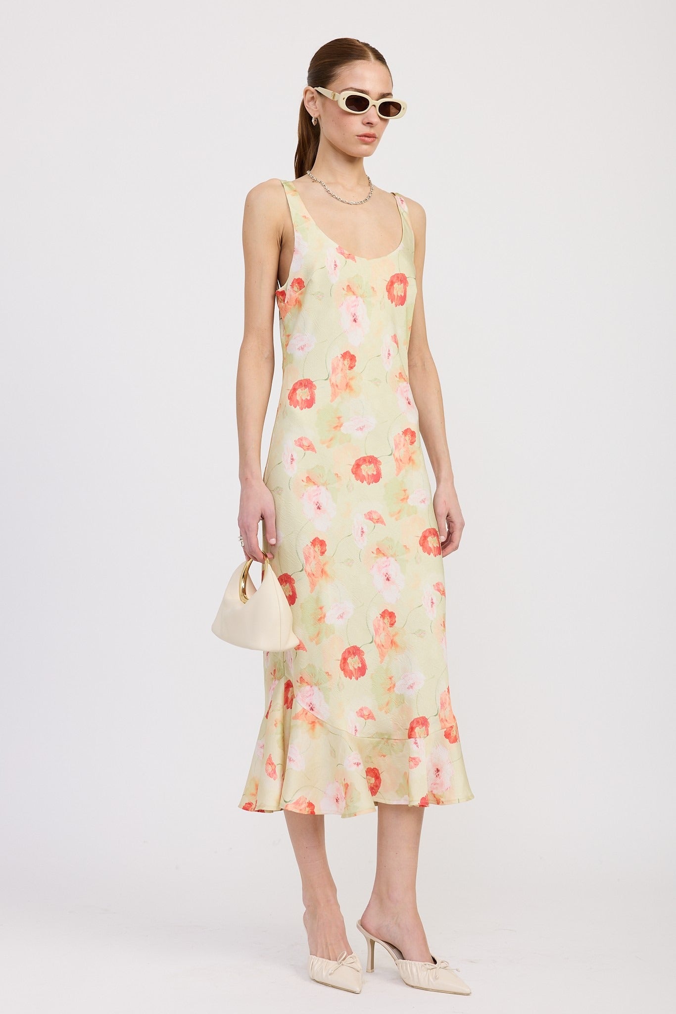 PRINTED SATIN MIDI DRESS WITH SCOOP NECK