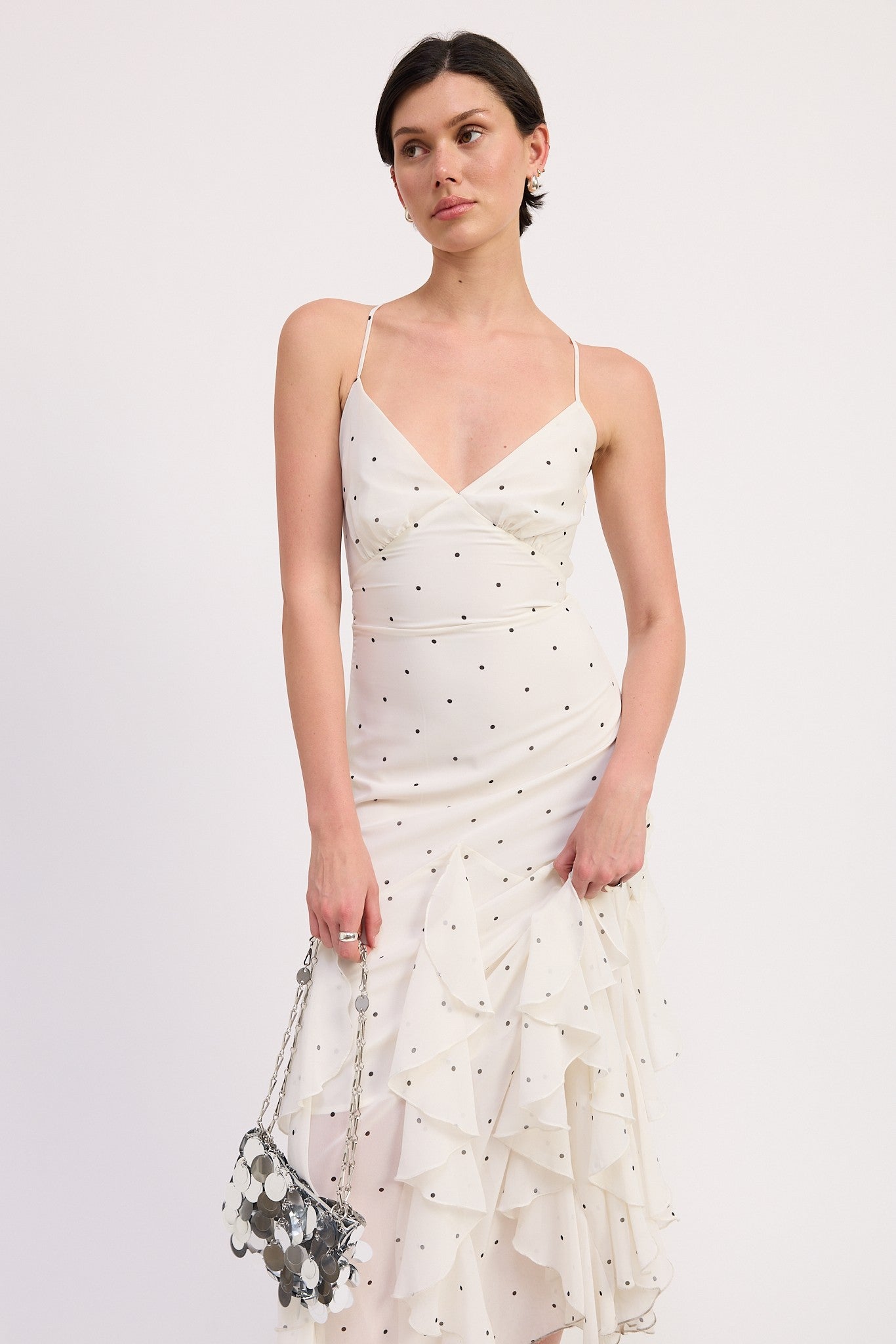 RUFFLED WRAP MAXI DRESS WITH CROSS BACK