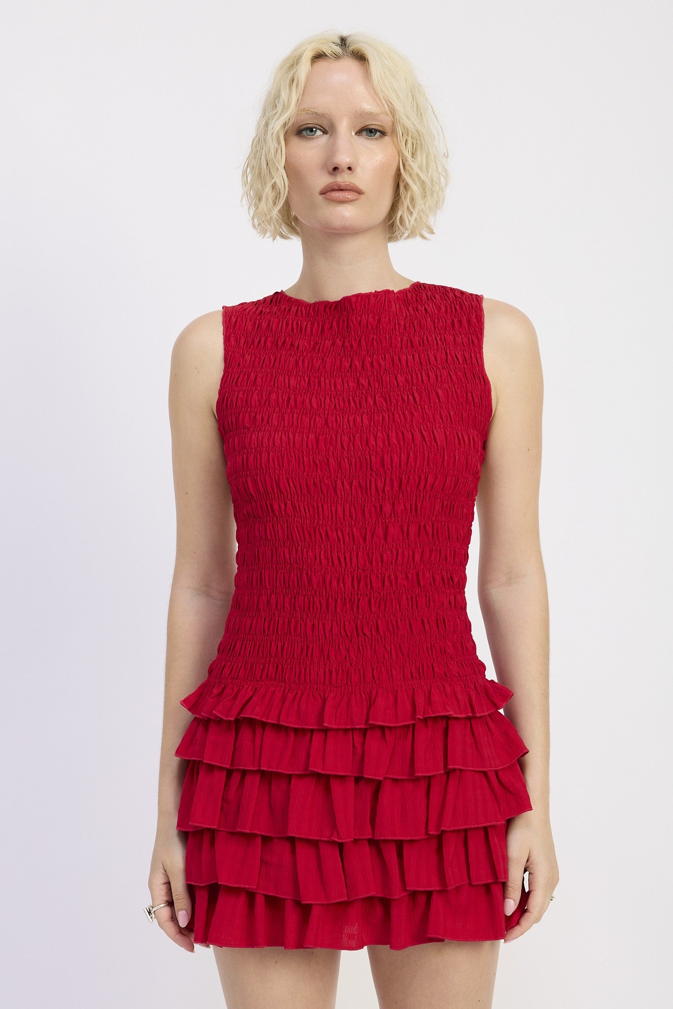 SLEEVELESS SMOCKED MINI DRESS WITH RUFFLE