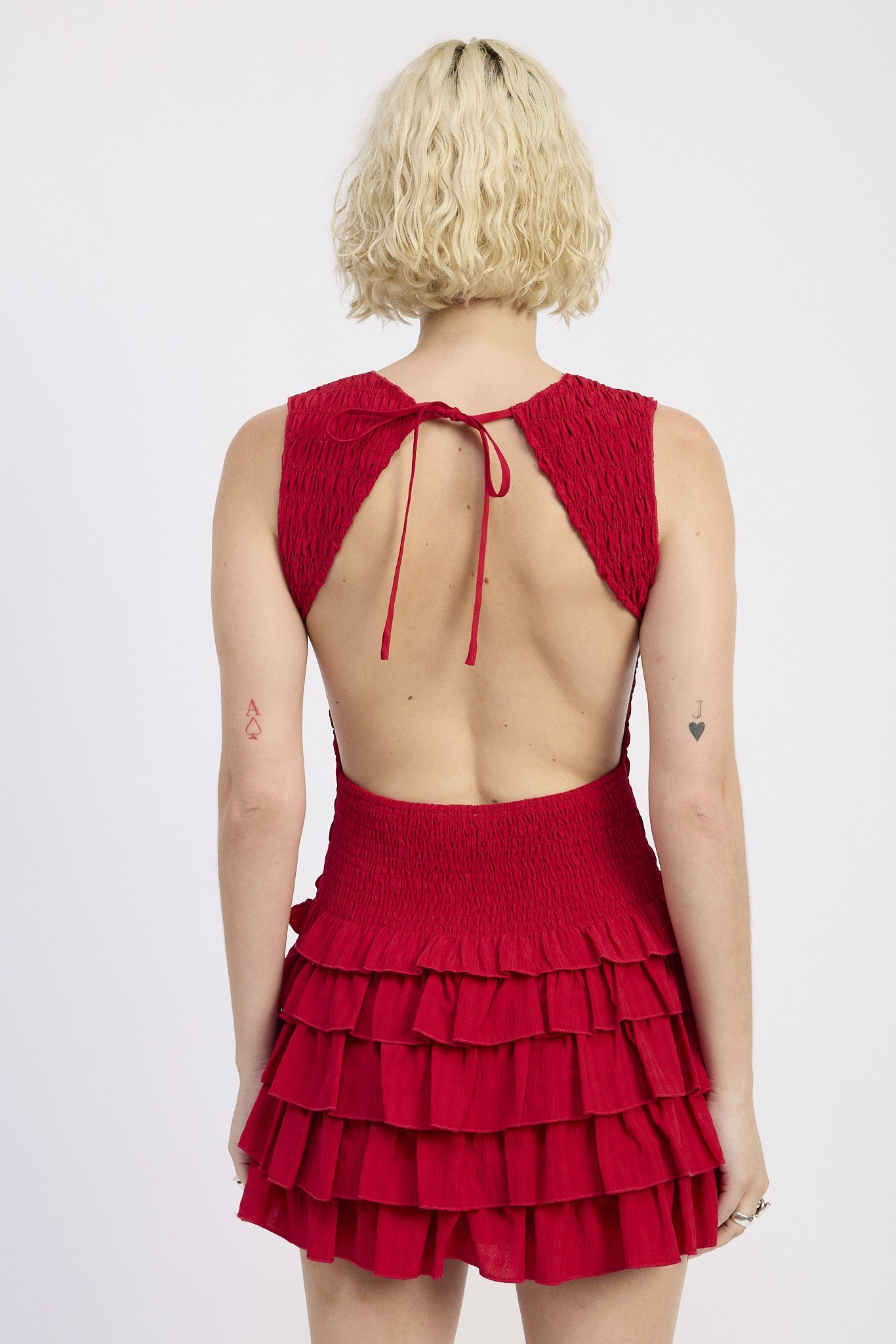SLEEVELESS SMOCKED MINI DRESS WITH RUFFLE