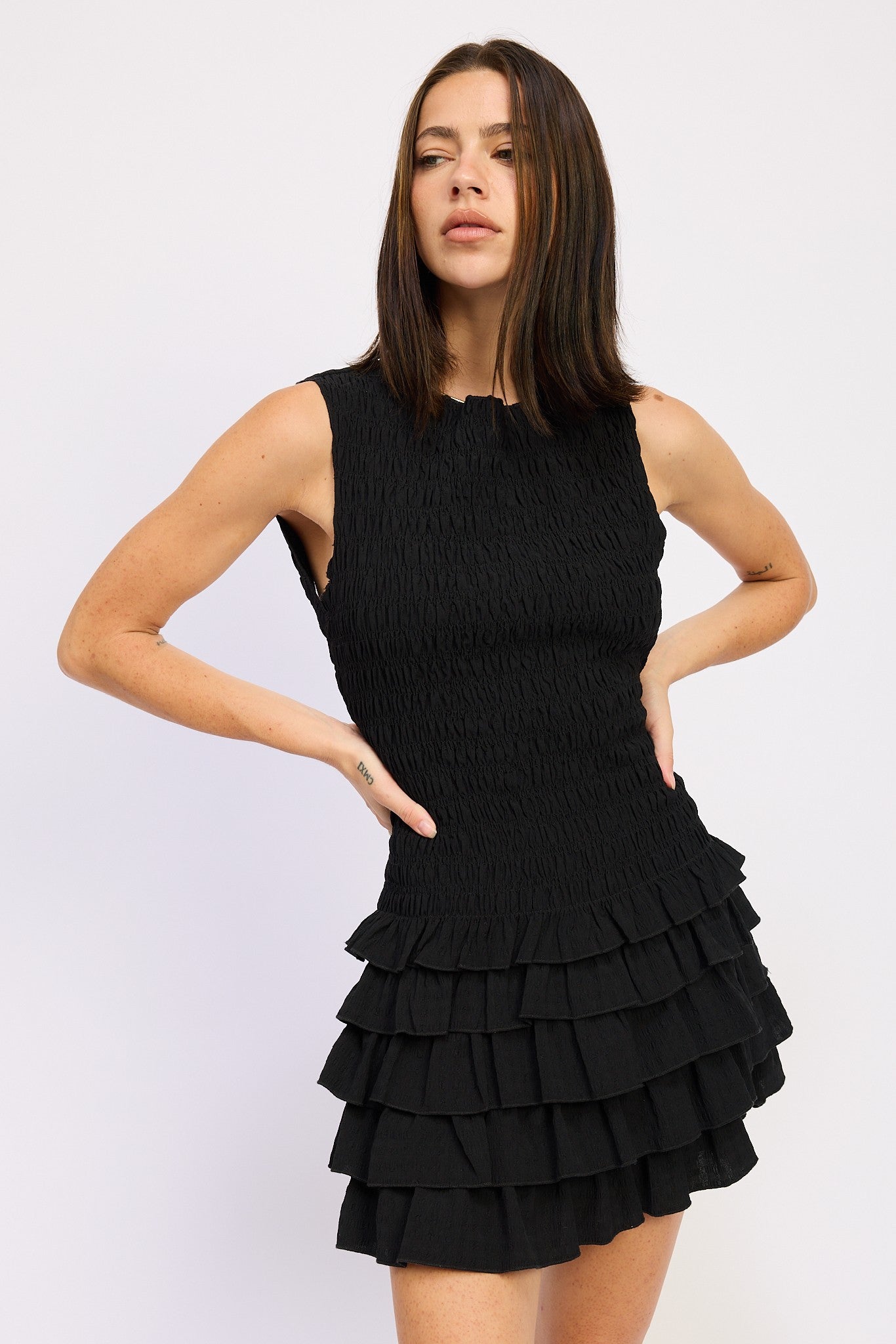 SLEEVELESS SMOCKED MINI DRESS WITH RUFFLE