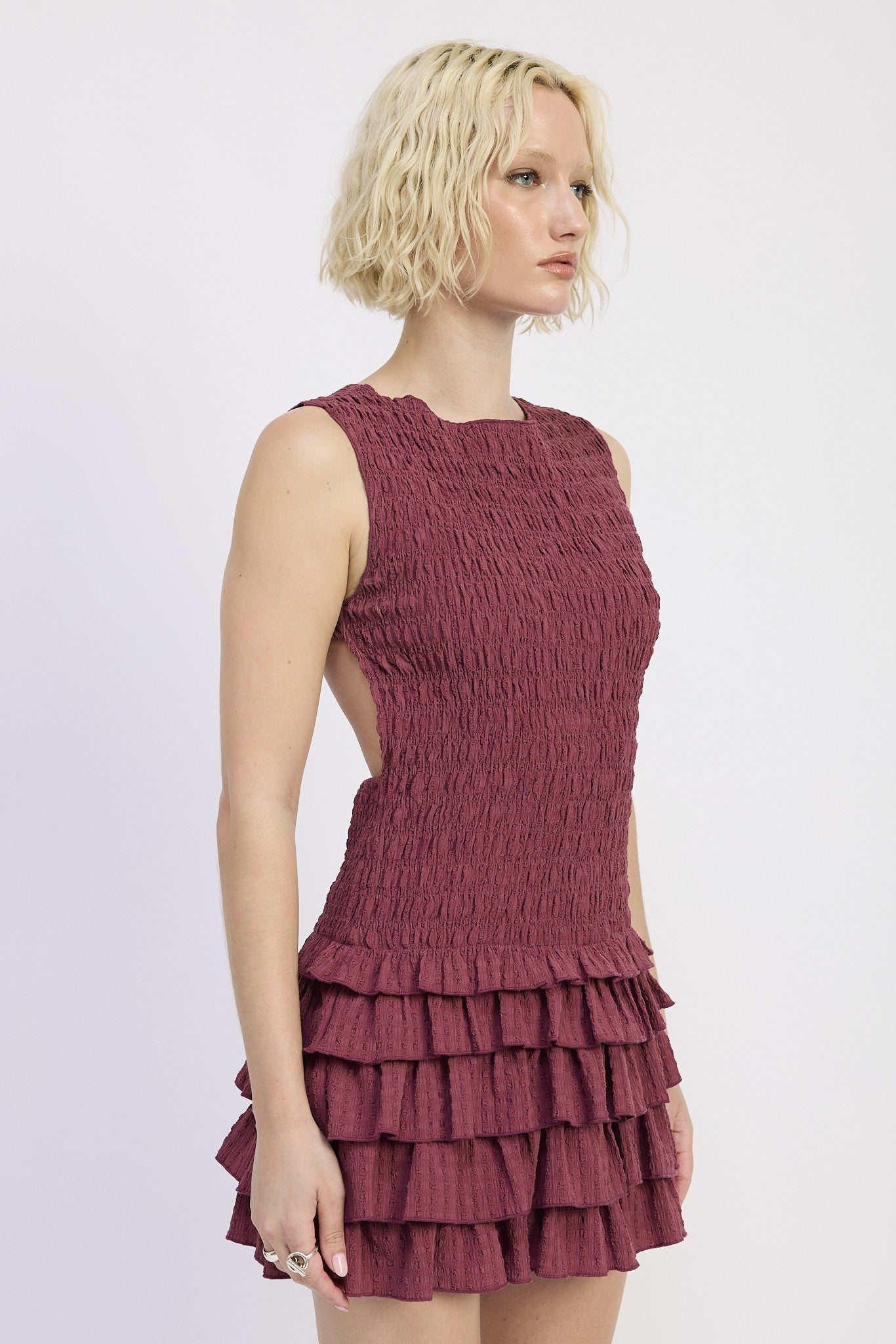 SLEEVELESS SMOCKED MINI DRESS WITH RUFFLE