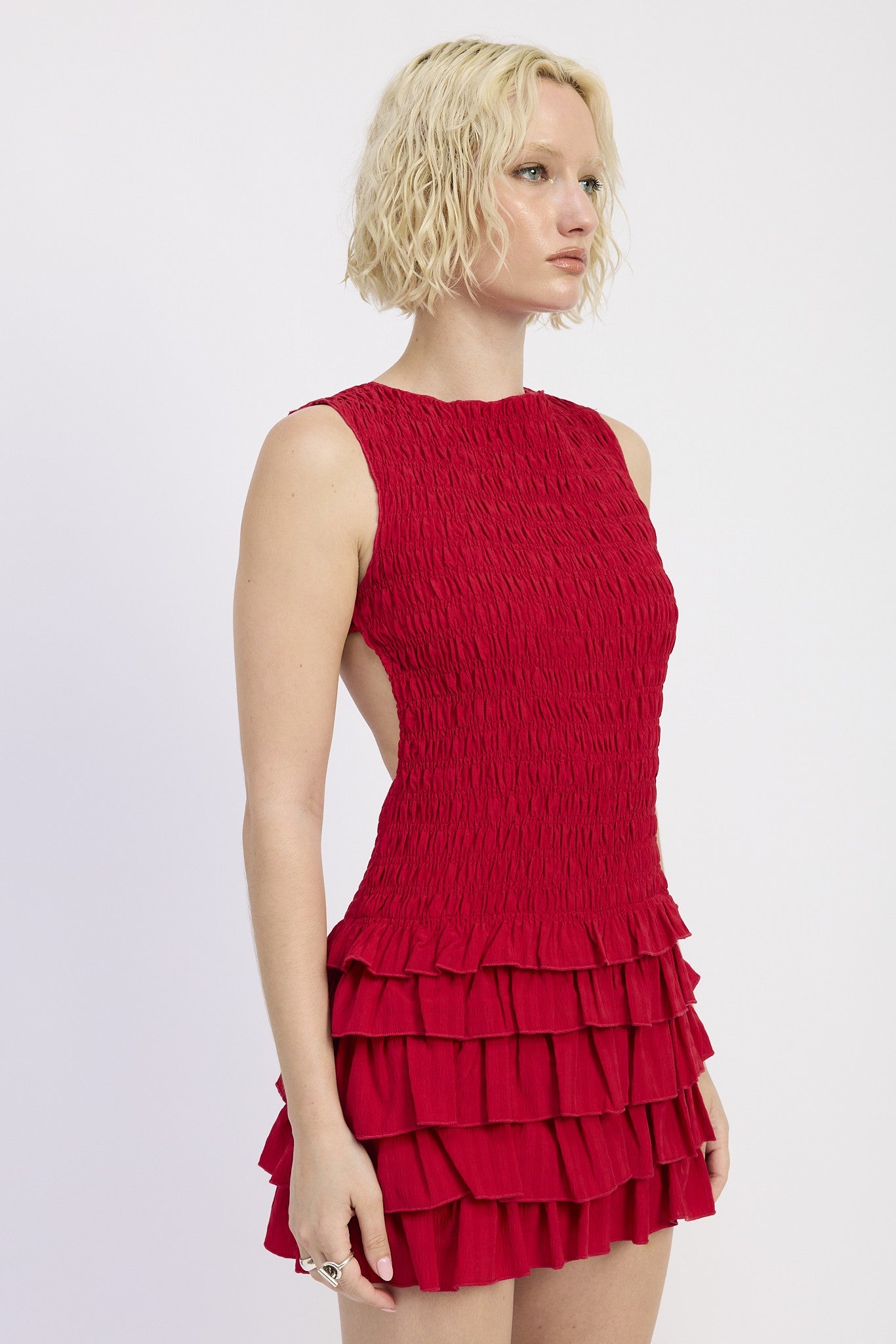 SLEEVELESS SMOCKED MINI DRESS WITH RUFFLE