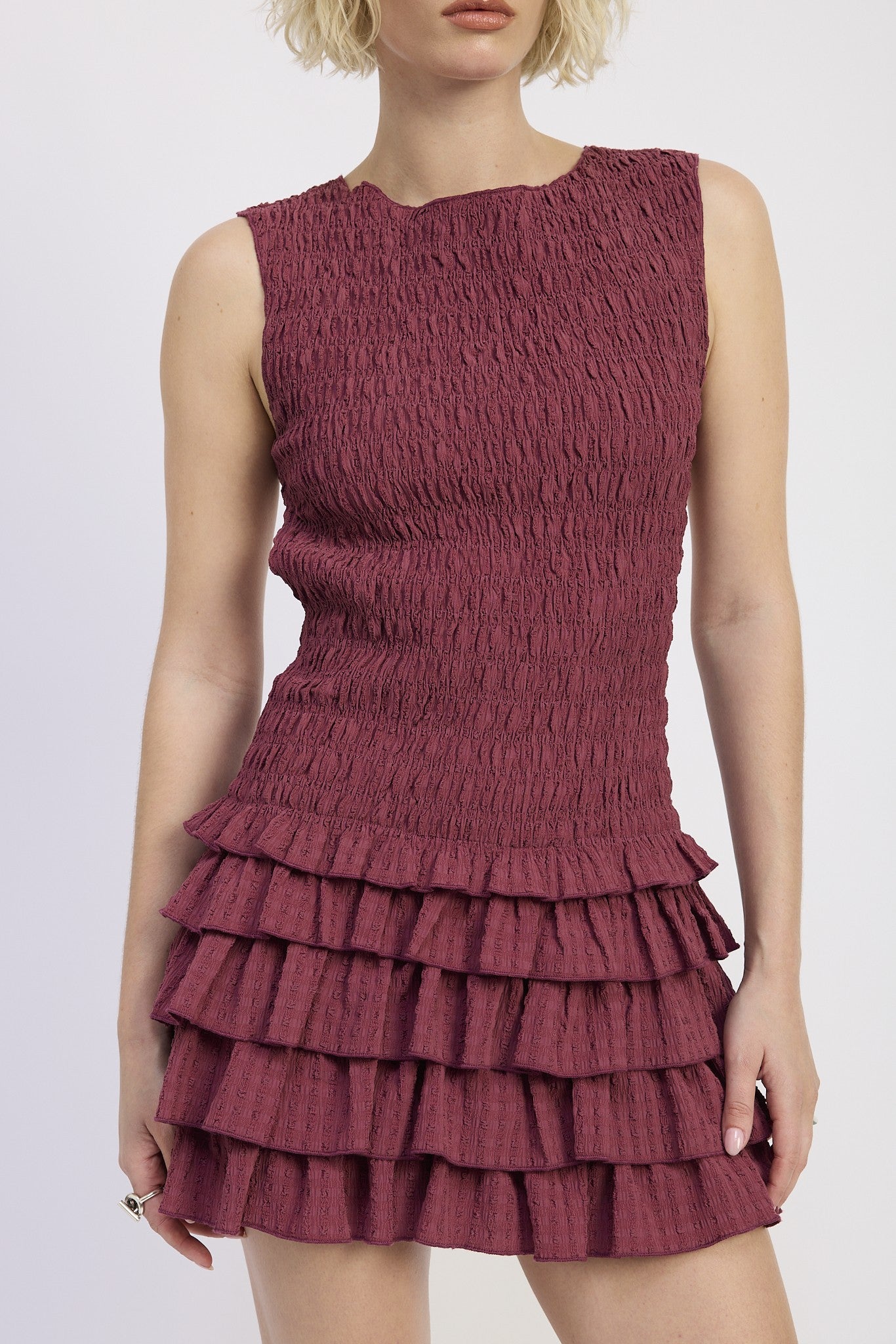 SLEEVELESS SMOCKED MINI DRESS WITH RUFFLE