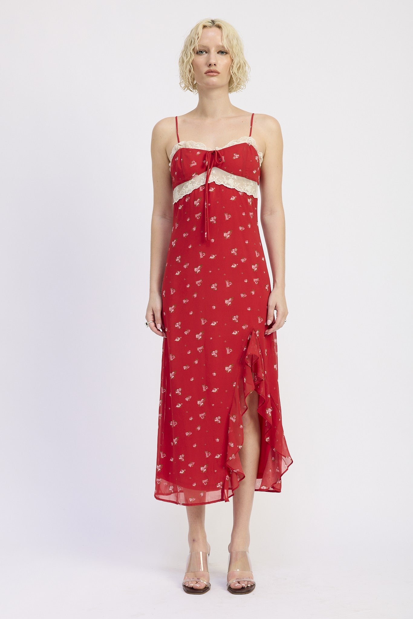 SPAGHETTIE STRAP RUFFLE MAXI DRESS