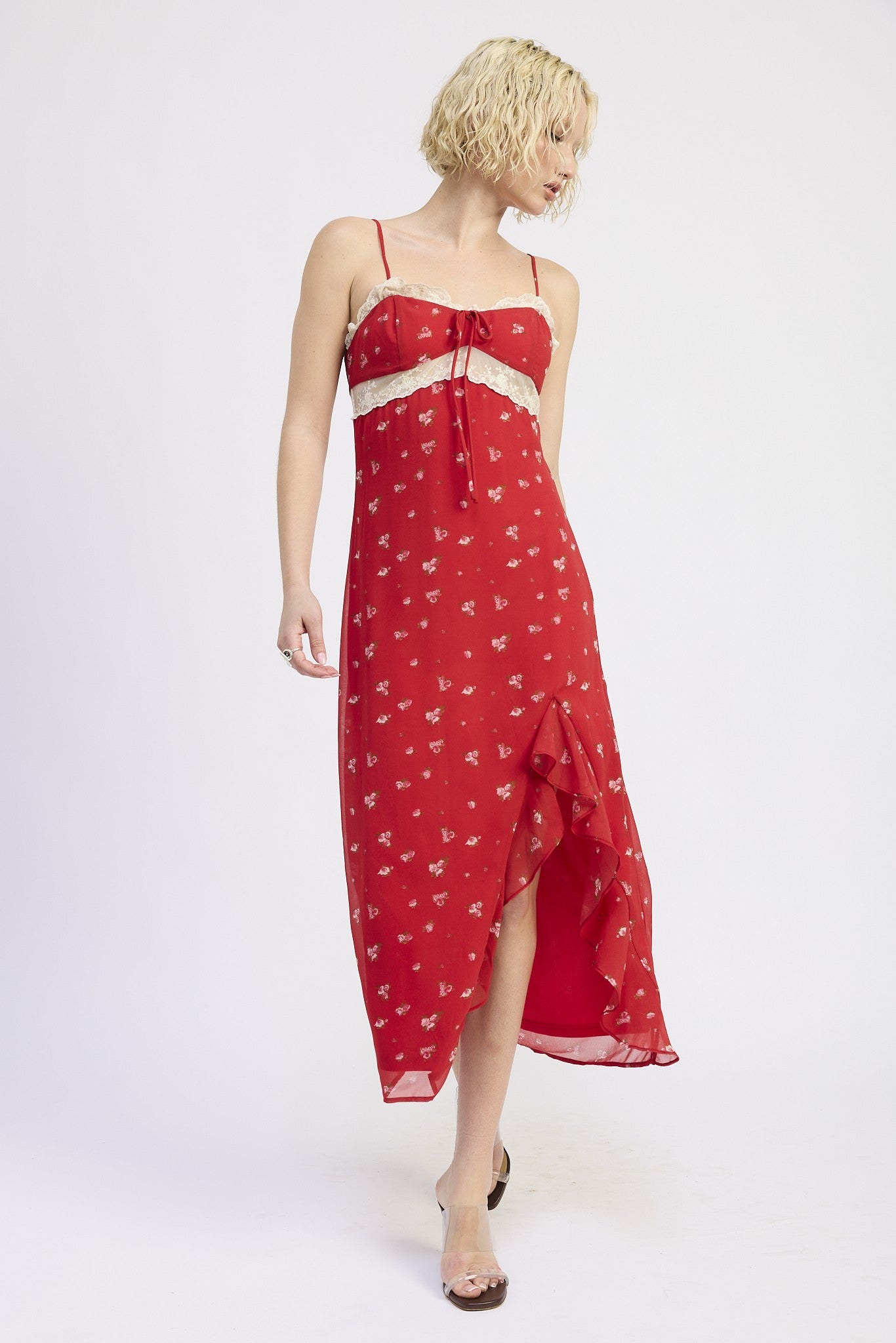 SPAGHETTIE STRAP RUFFLE MAXI DRESS