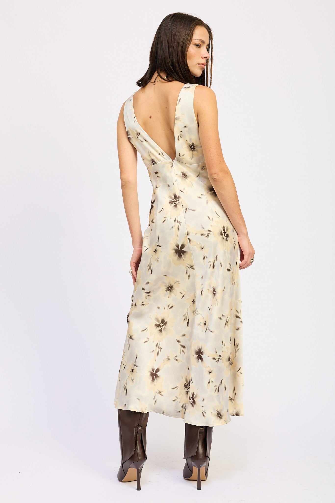V NECK FLORAL MIDI BIAS DRESS WITH SLIT