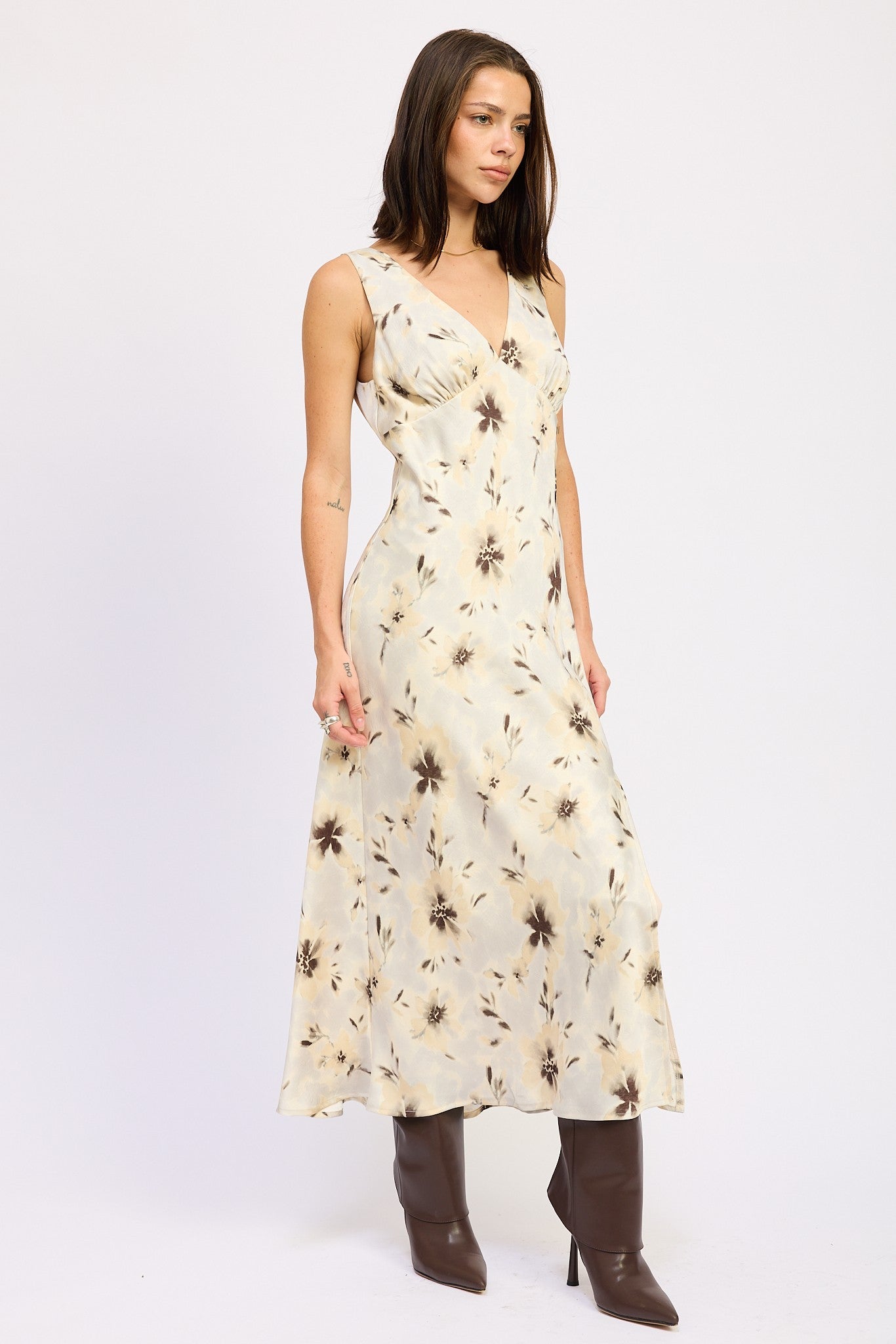 V NECK FLORAL MIDI BIAS DRESS WITH SLIT