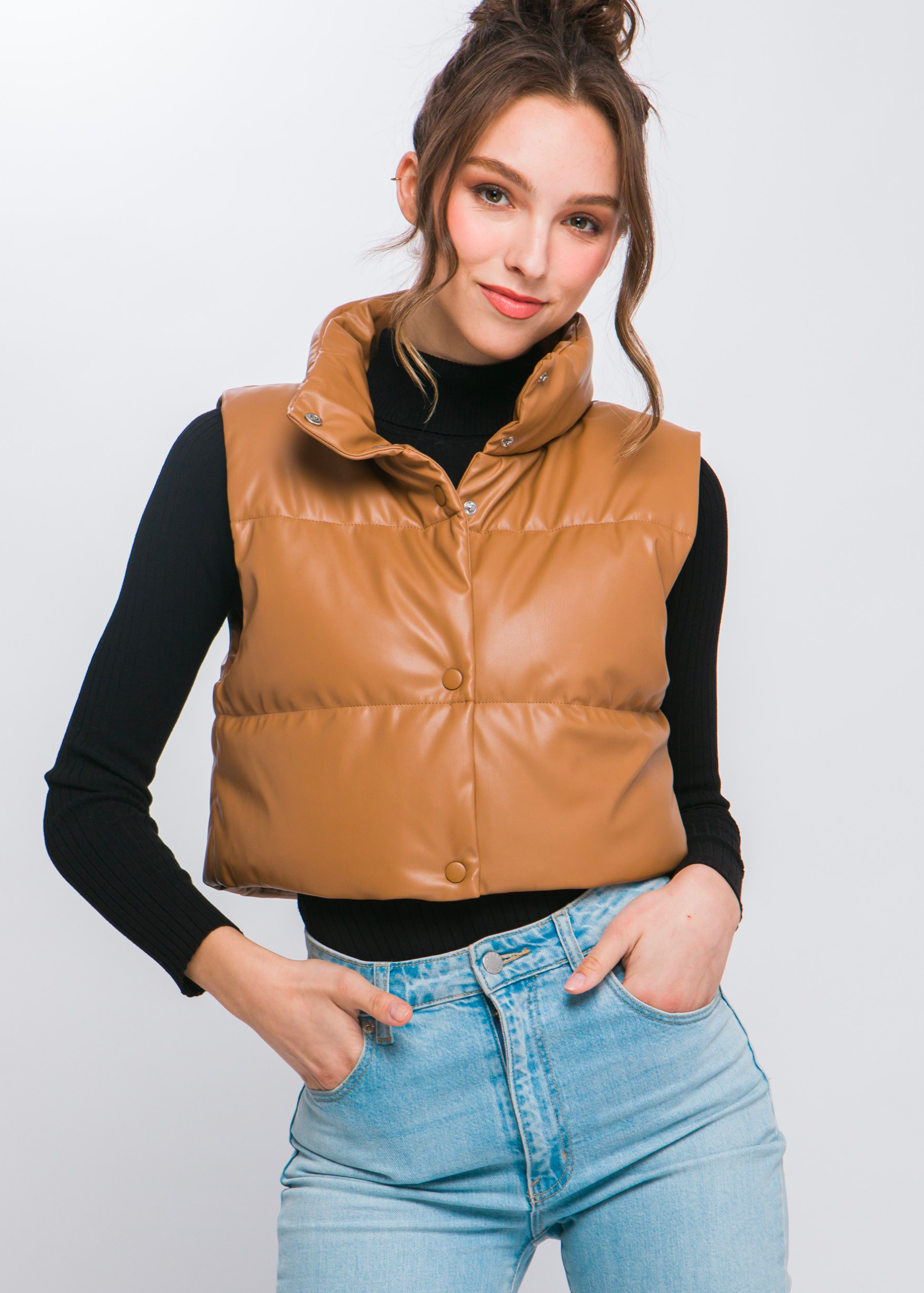 PU Faux Leather puffer West With Snap Button