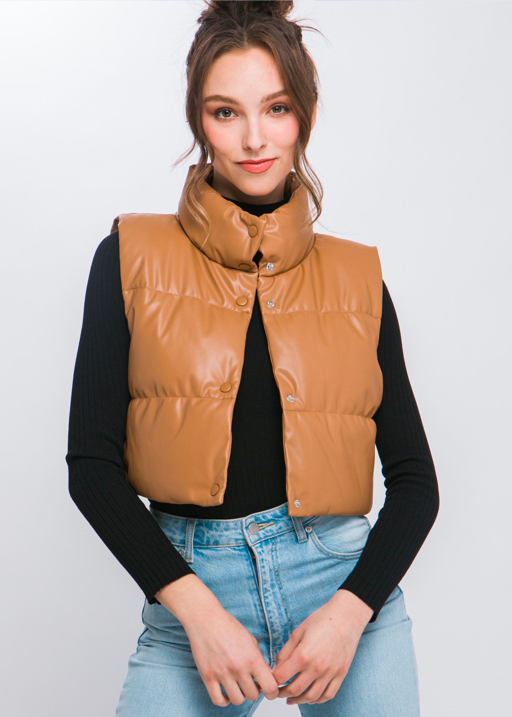 PU Faux Leather puffer West With Snap Button