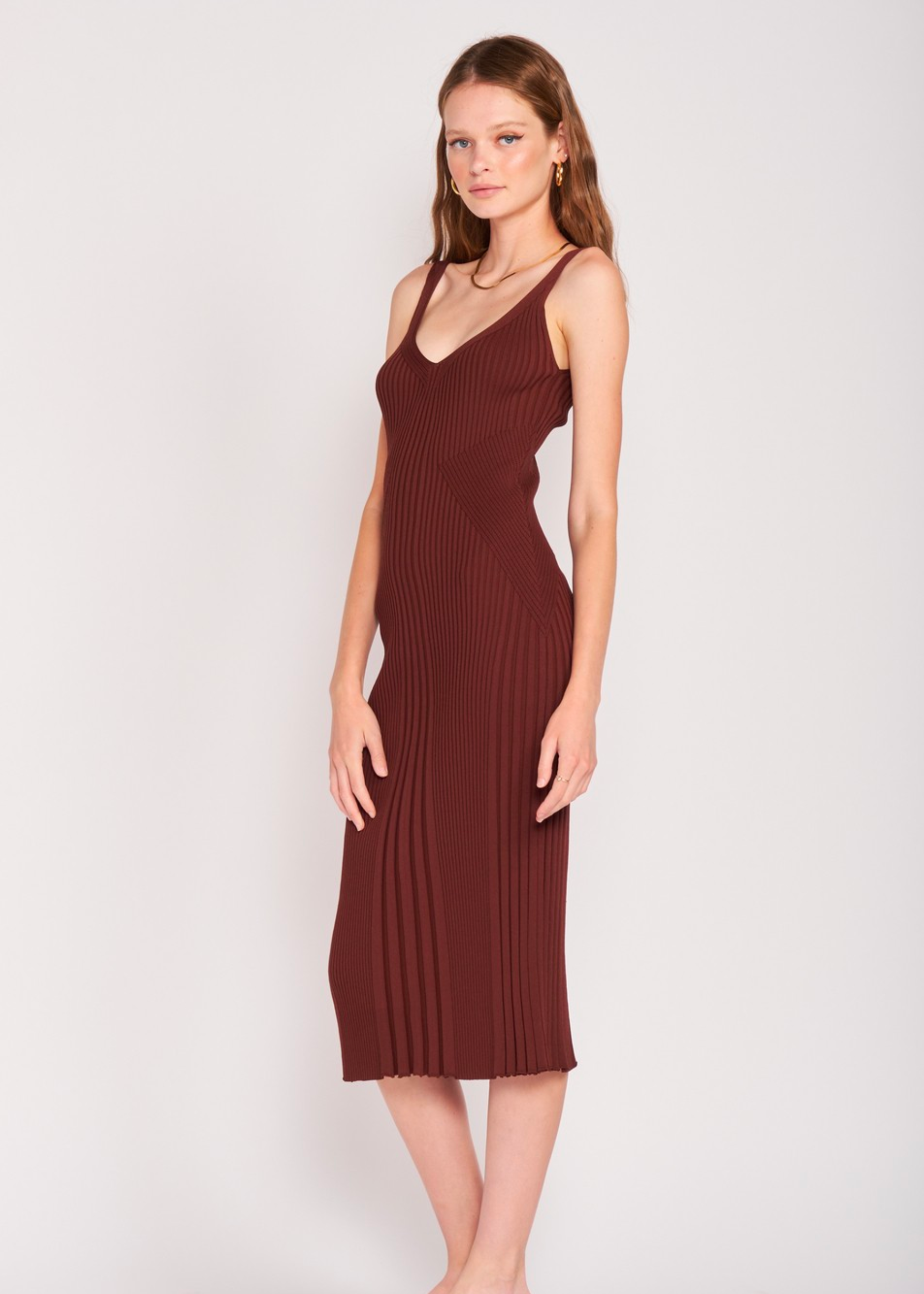 V-Neck Ribbed Midi Dress With Open Back