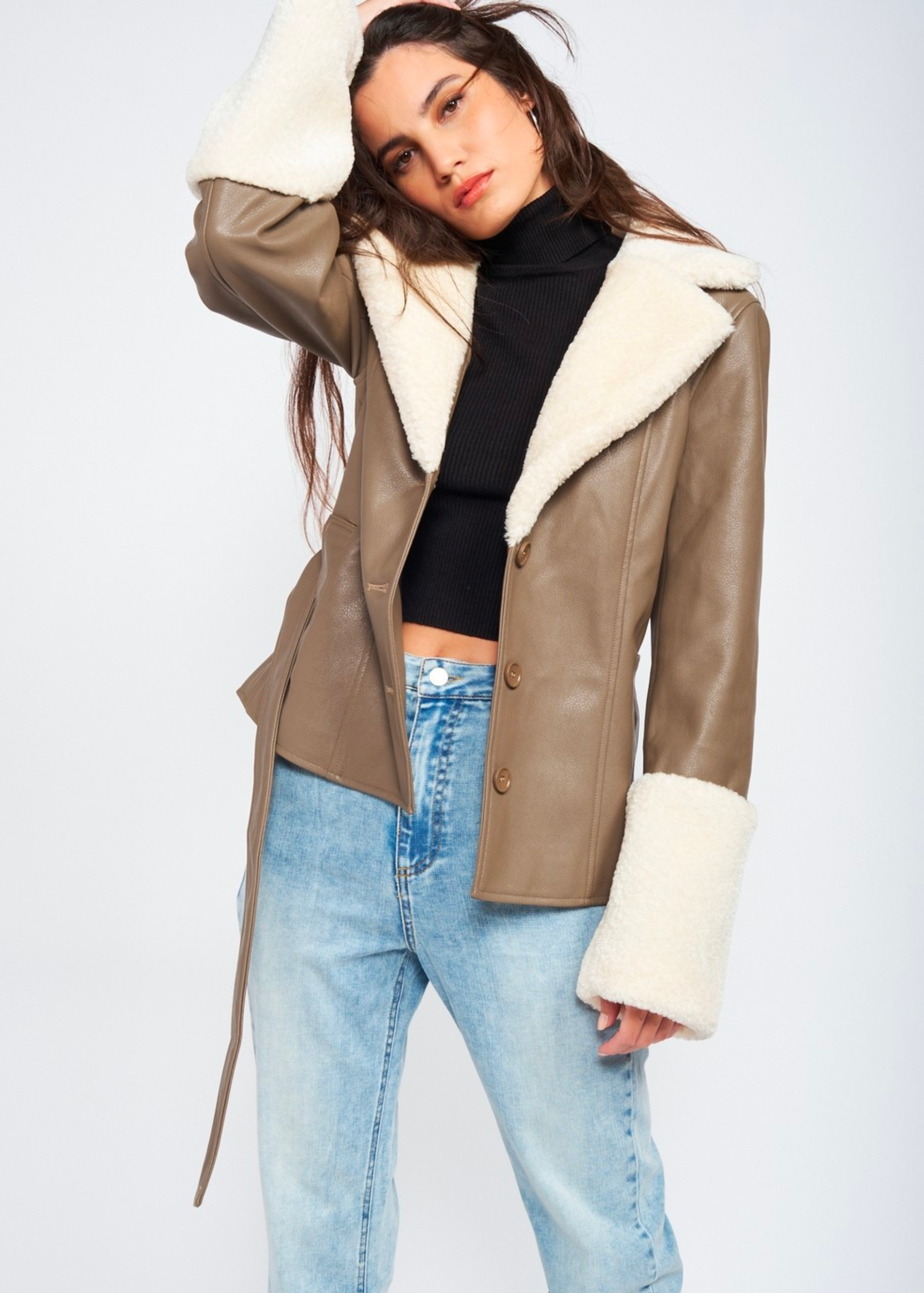 Belted Faux Shearing Trimmed Jacket