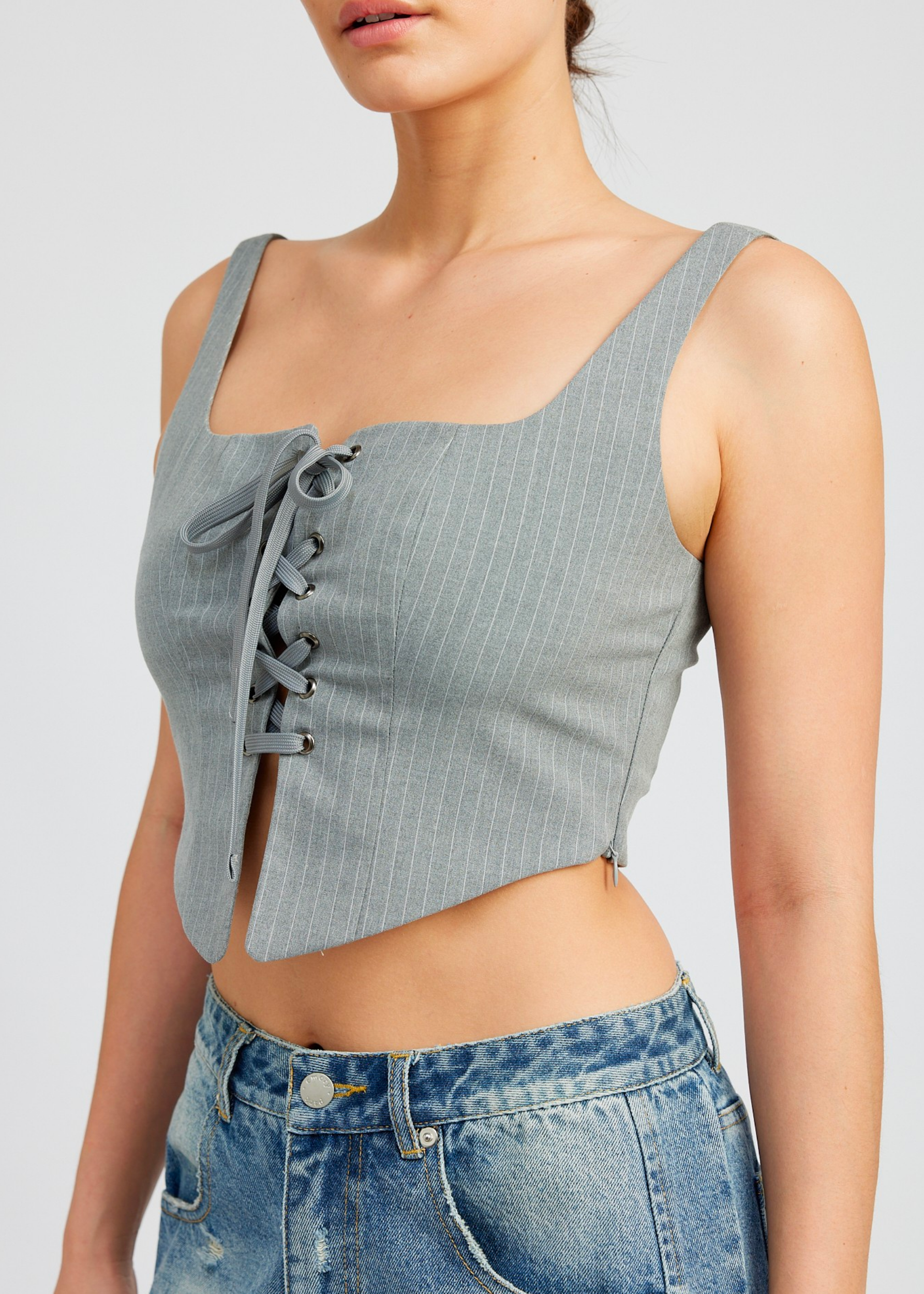 Square Neck Top With Lace Up Front