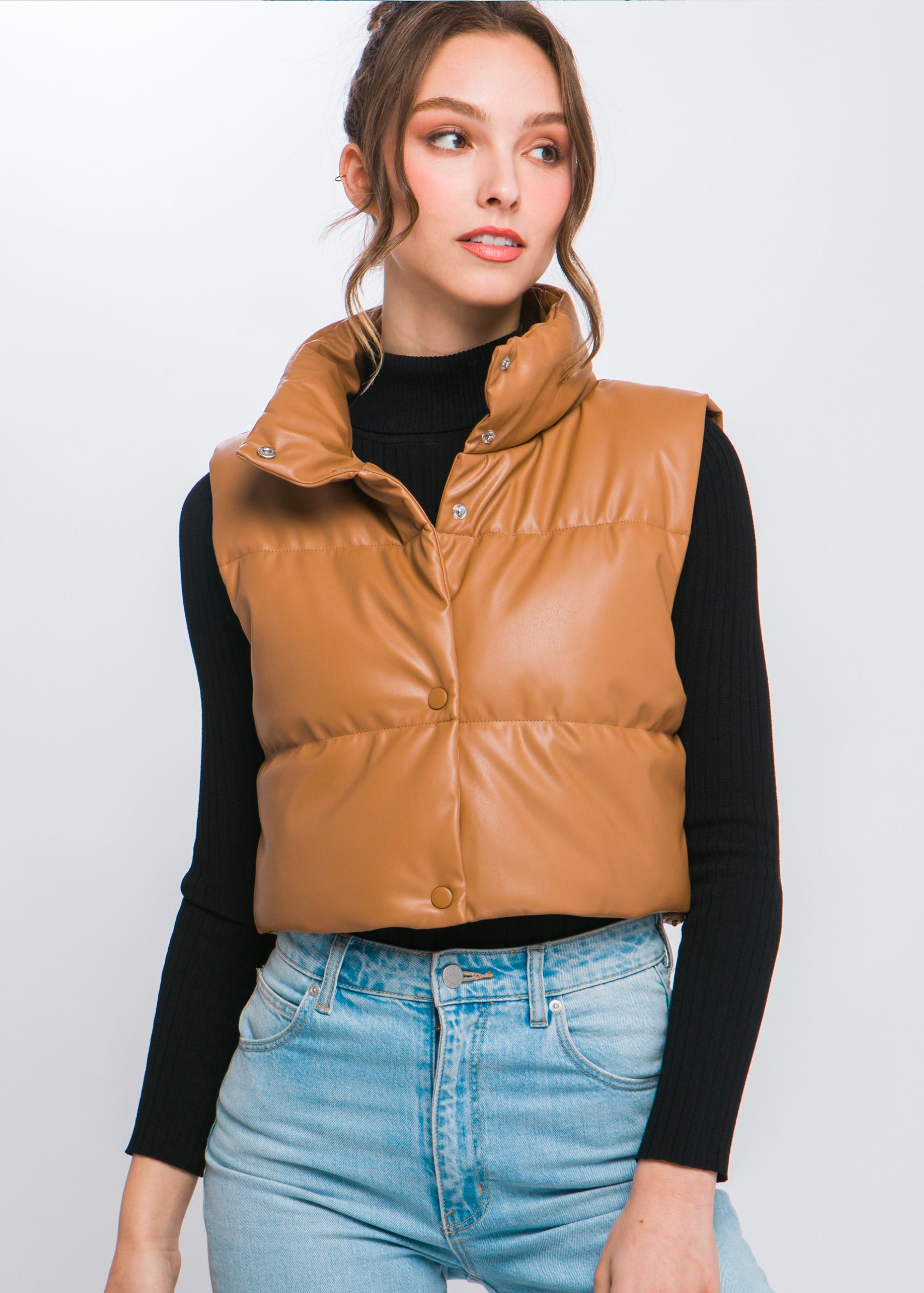 PU Faux Leather puffer West With Snap Button