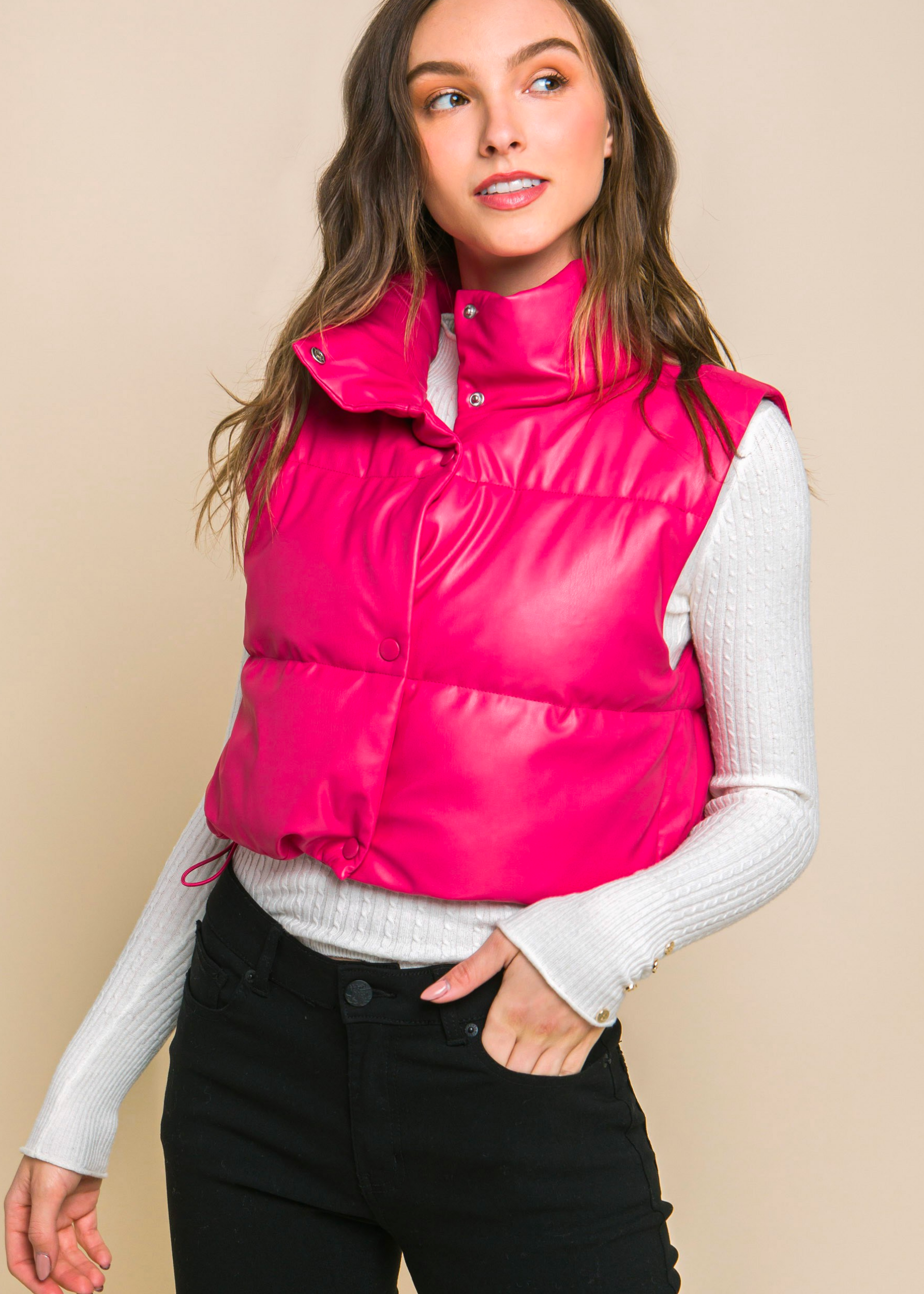 PU Faux Leather puffer West With Snap Button