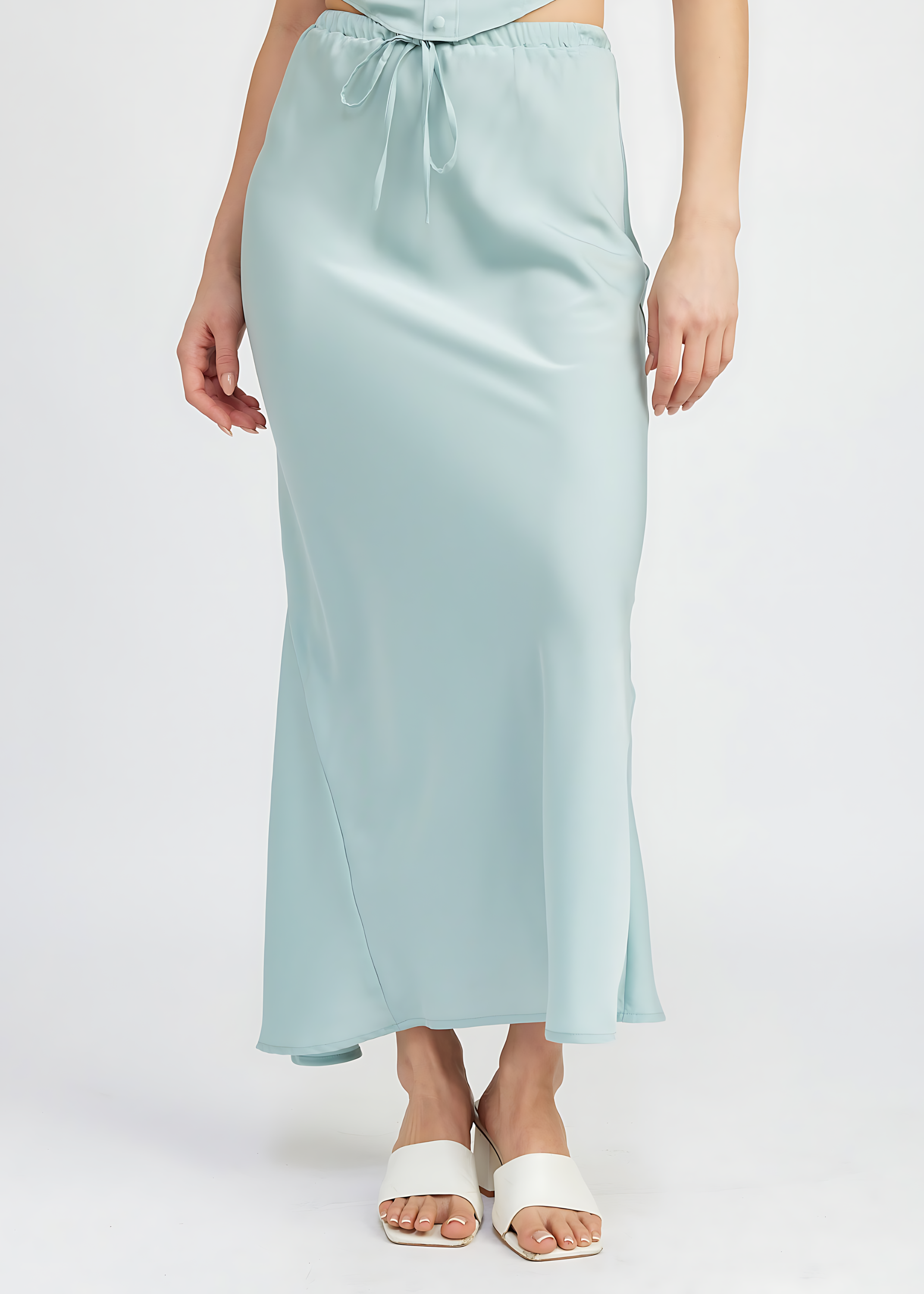 Tie Front Satin Midi Skirt