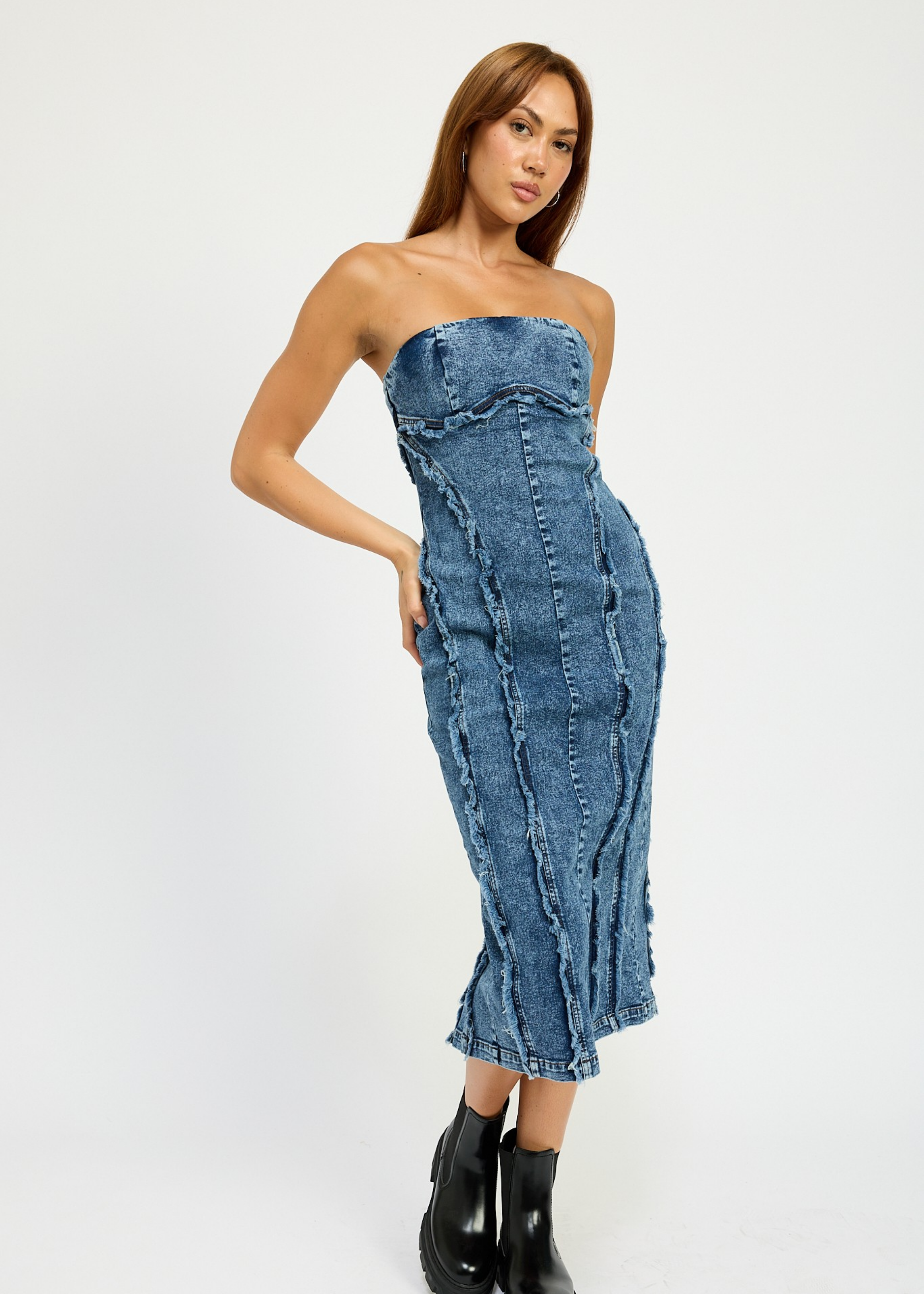 TUBE FRAYED SEAM MIDI DRESS