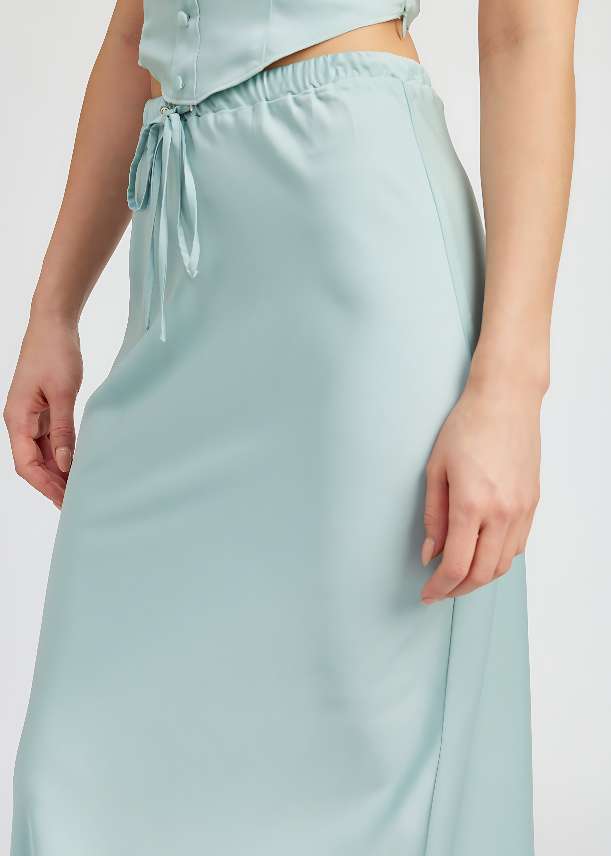 Tie Front Satin Midi Skirt
