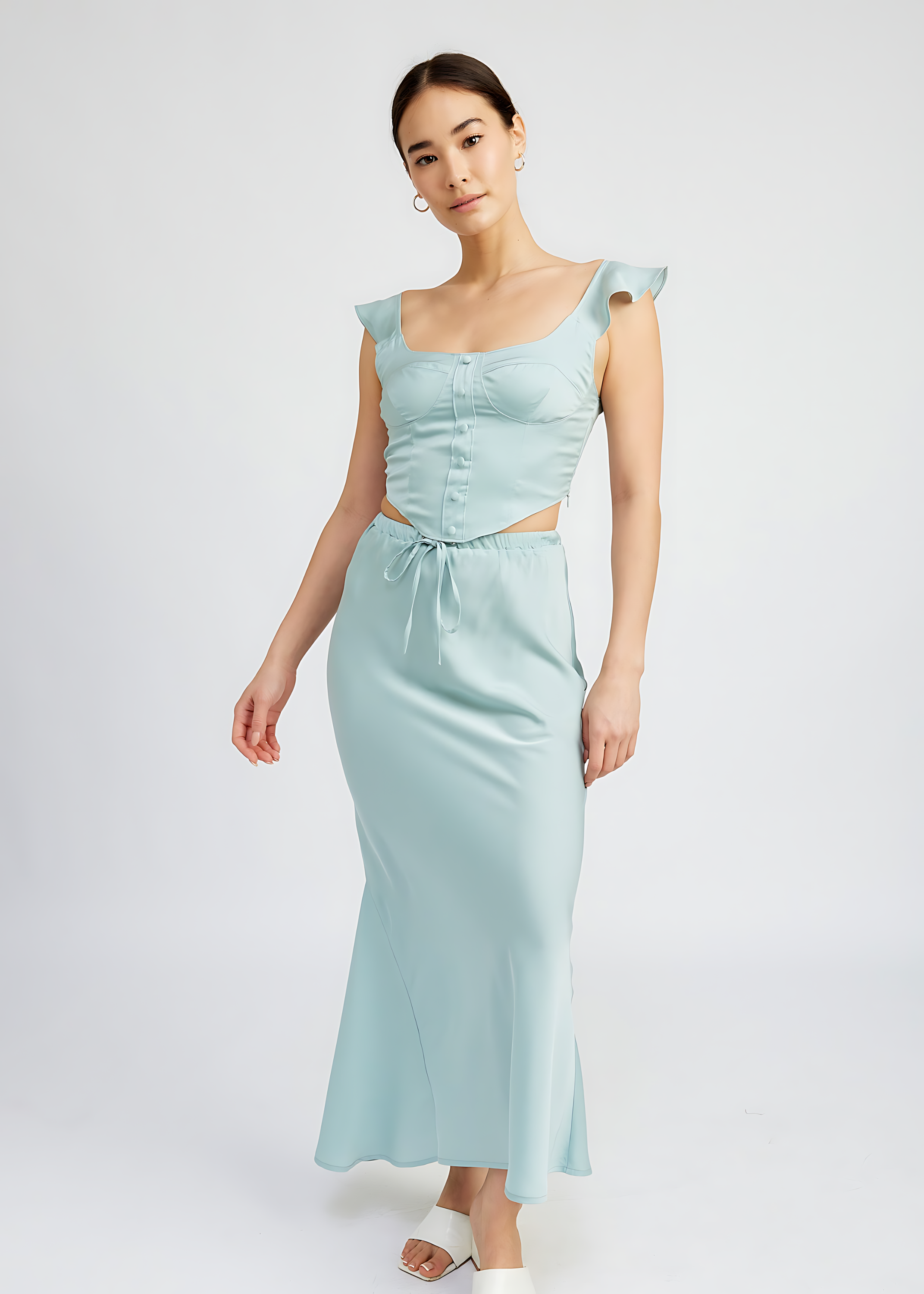 Tie Front Satin Midi Skirt