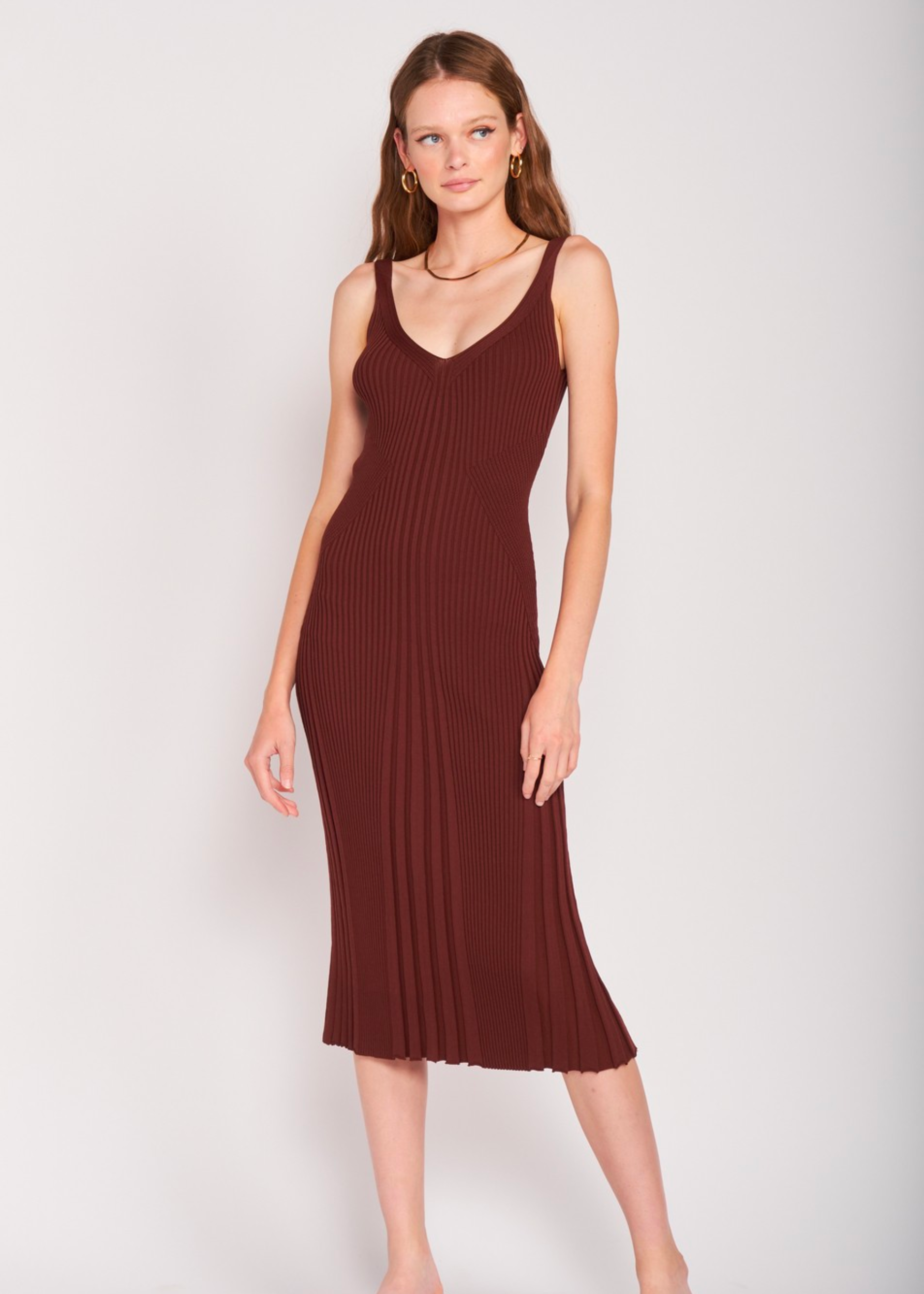 V-Neck Ribbed Midi Dress With Open Back