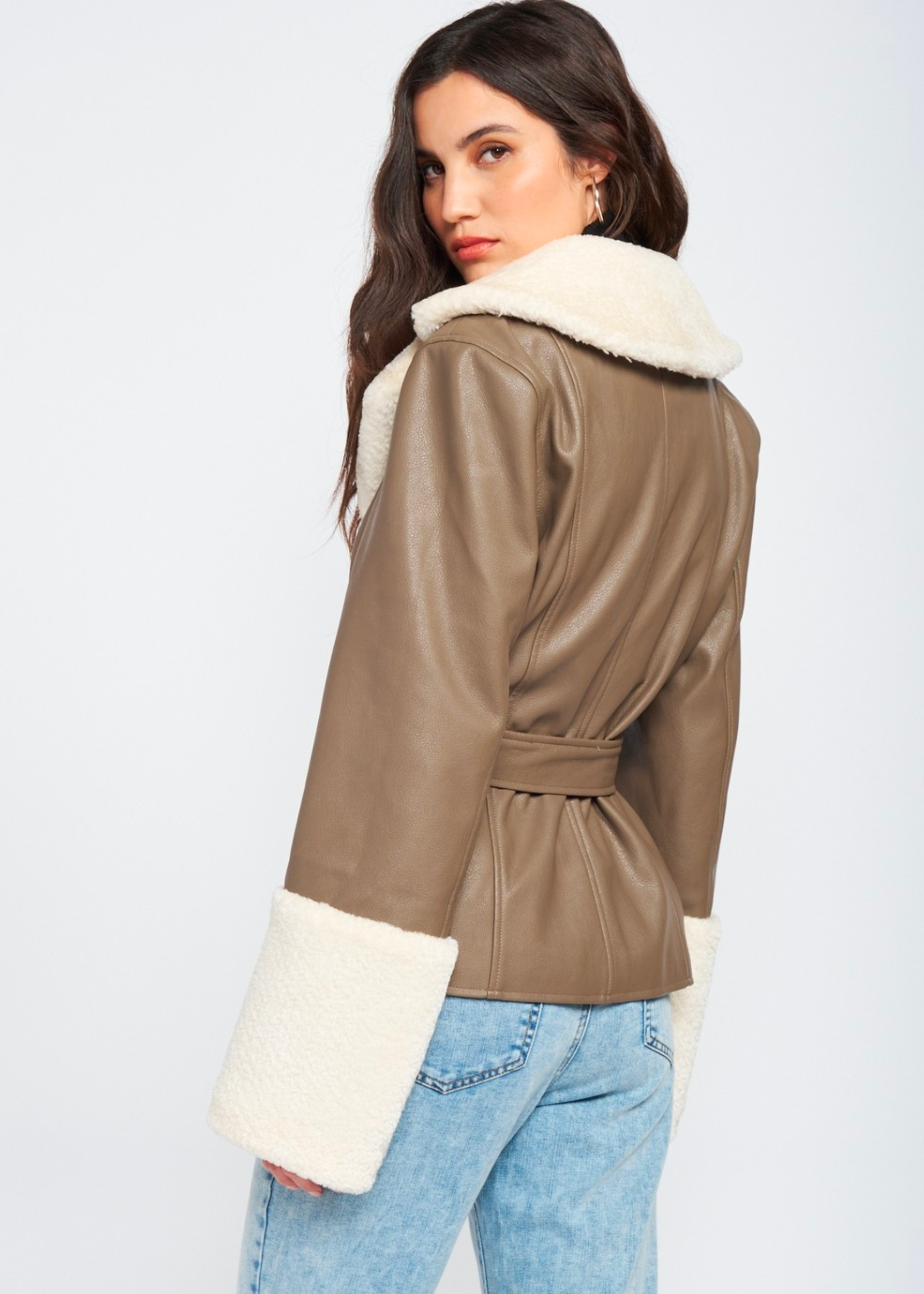 Belted Faux Shearing Trimmed Jacket