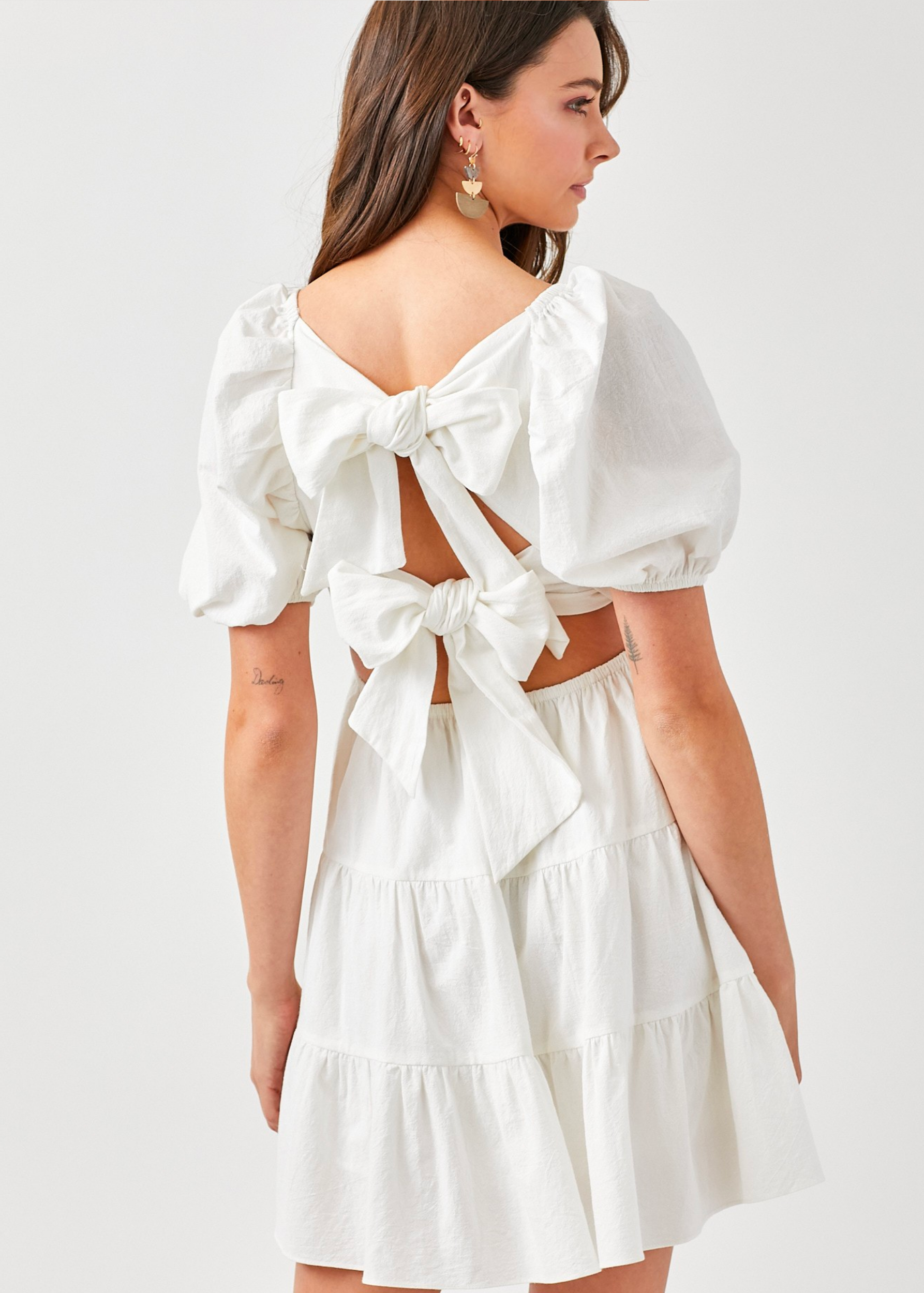 Puff Sleeve Back Double Tie Tiered Dress