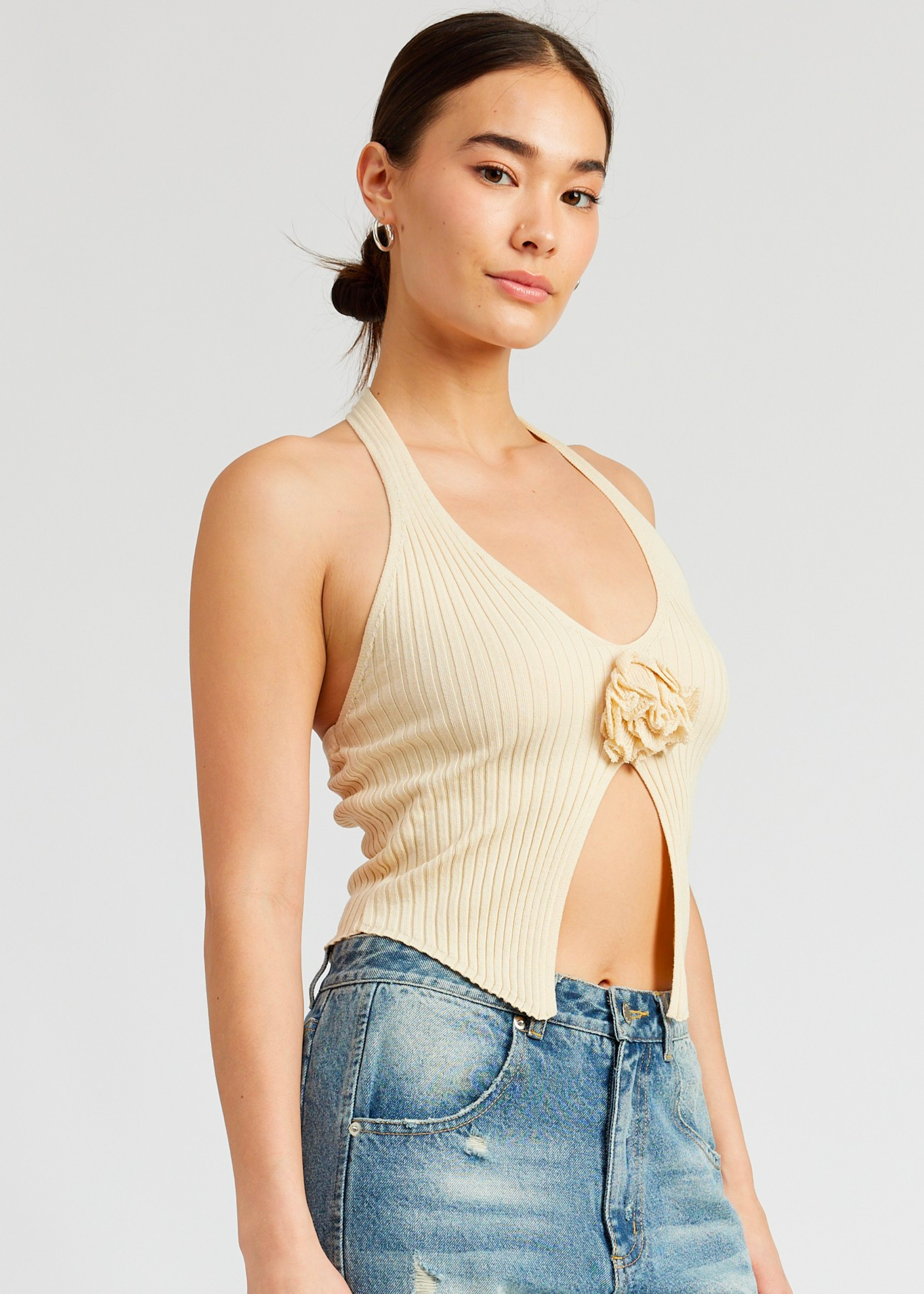 Rosette Split Front Halter Top