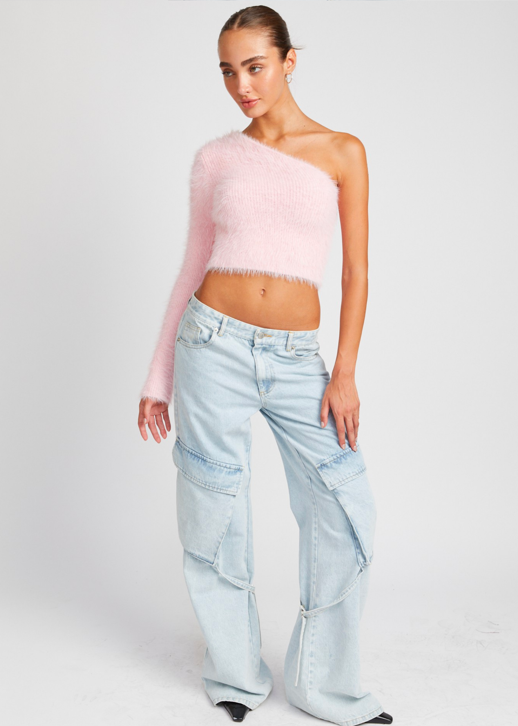 One Shoulder Fluffy Sweater Top