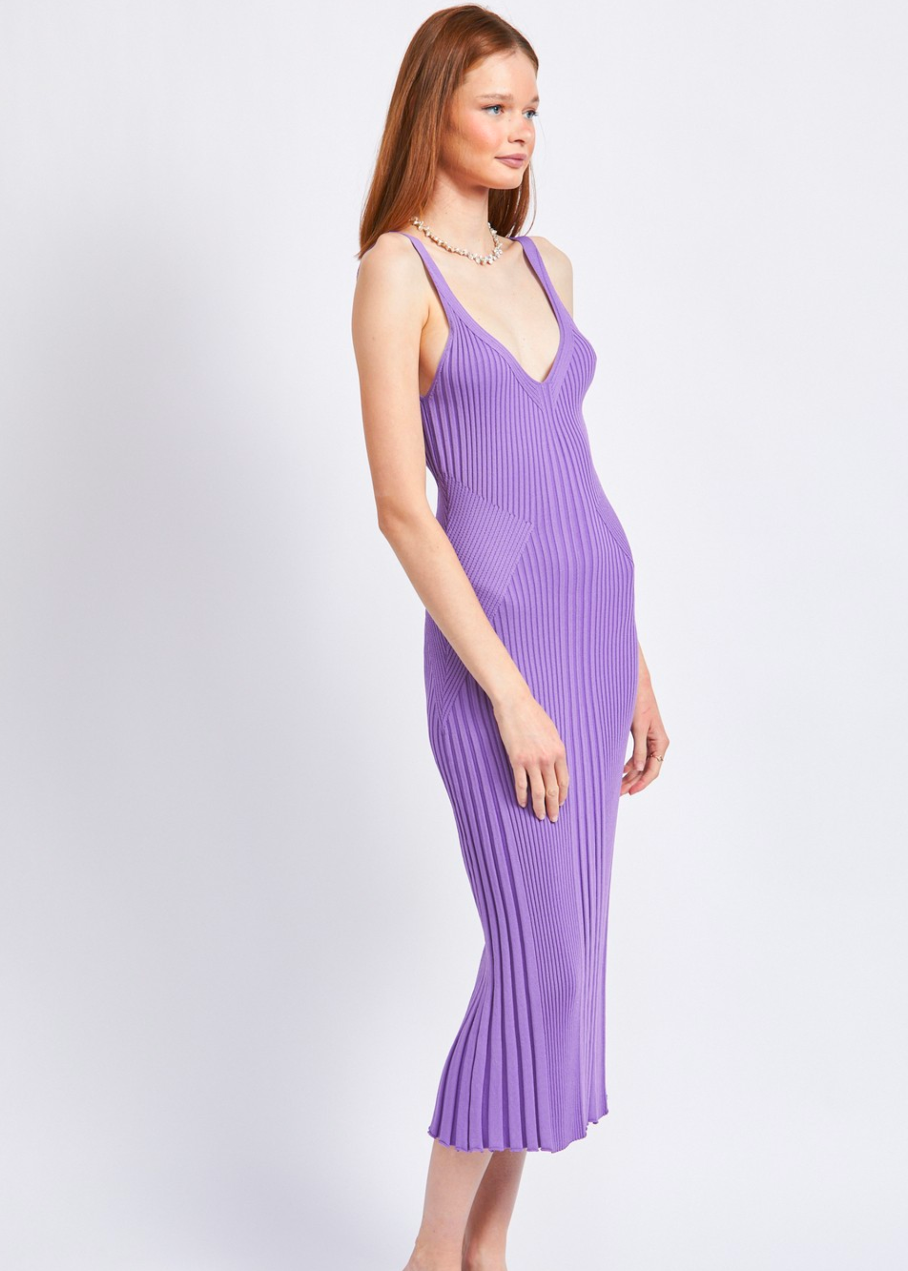 V-Neck Ribbed Midi Dress With Open Back