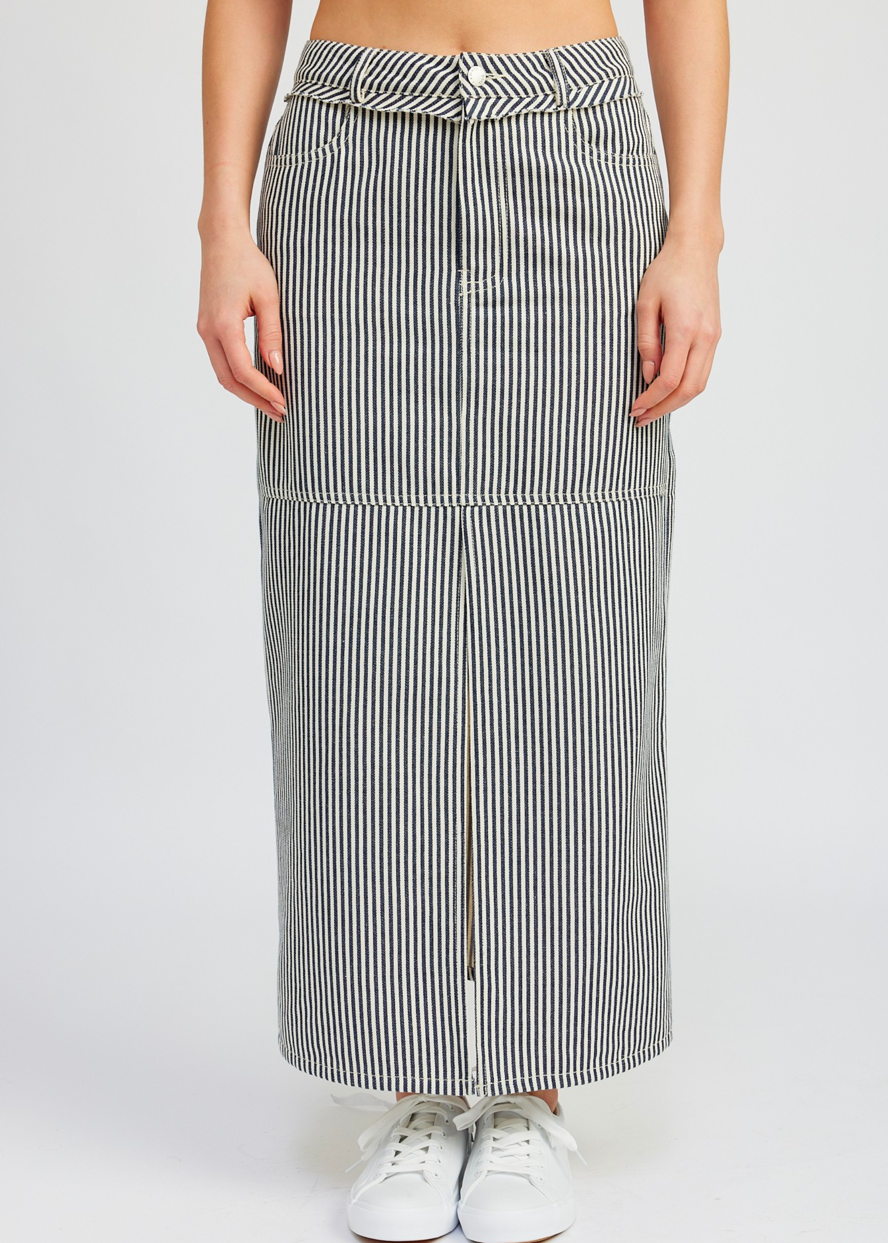 Striped Twill Maxi Skirt With Slit