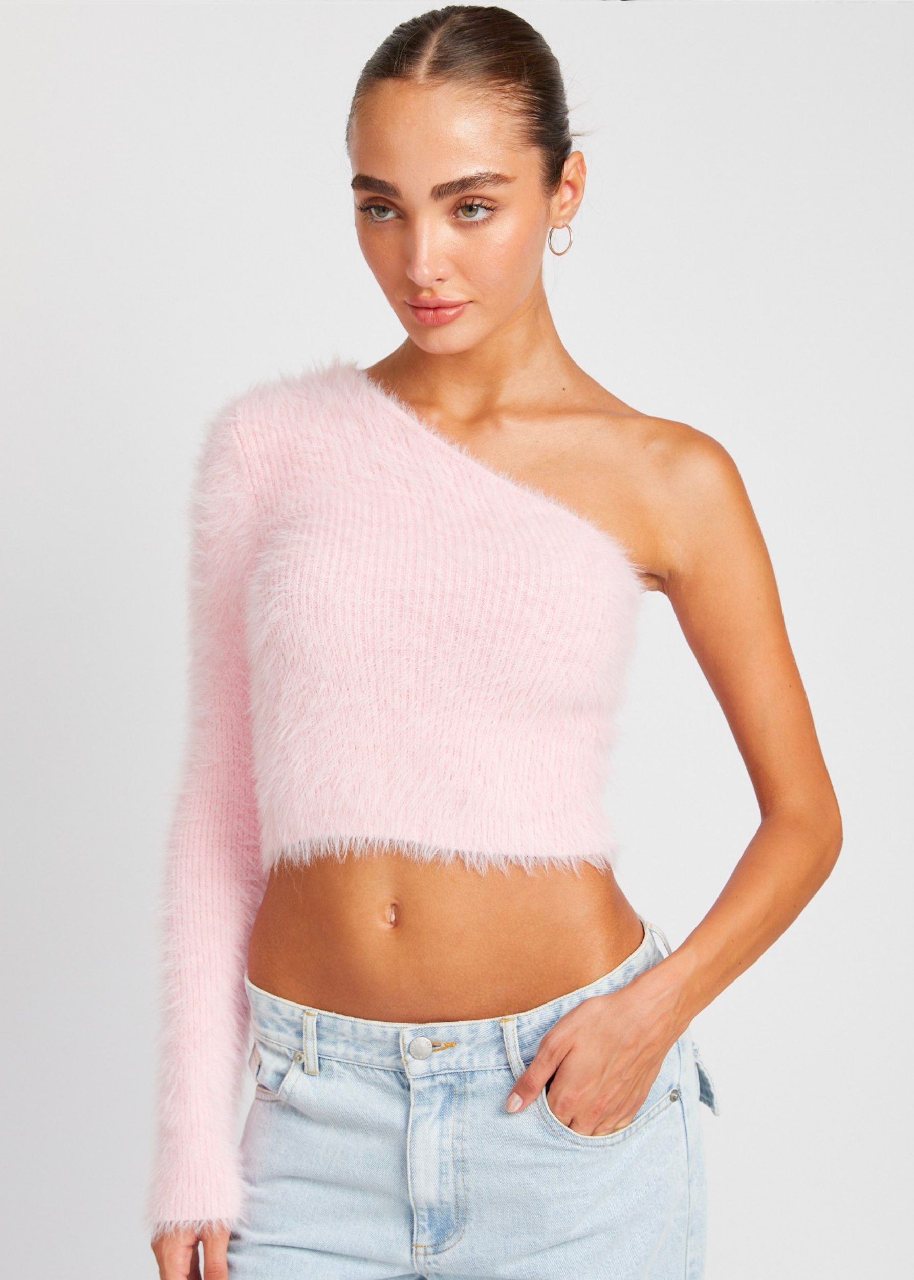 One Shoulder Fluffy Sweater Top