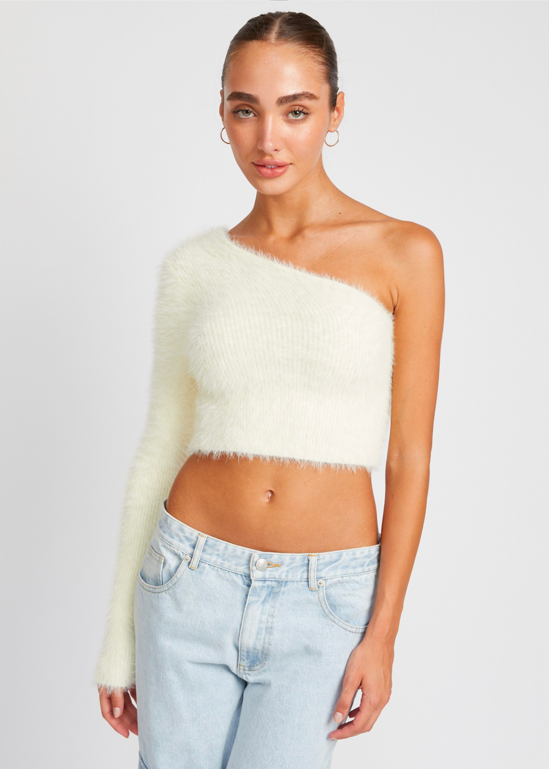 One Shoulder Fluffy Sweater Top