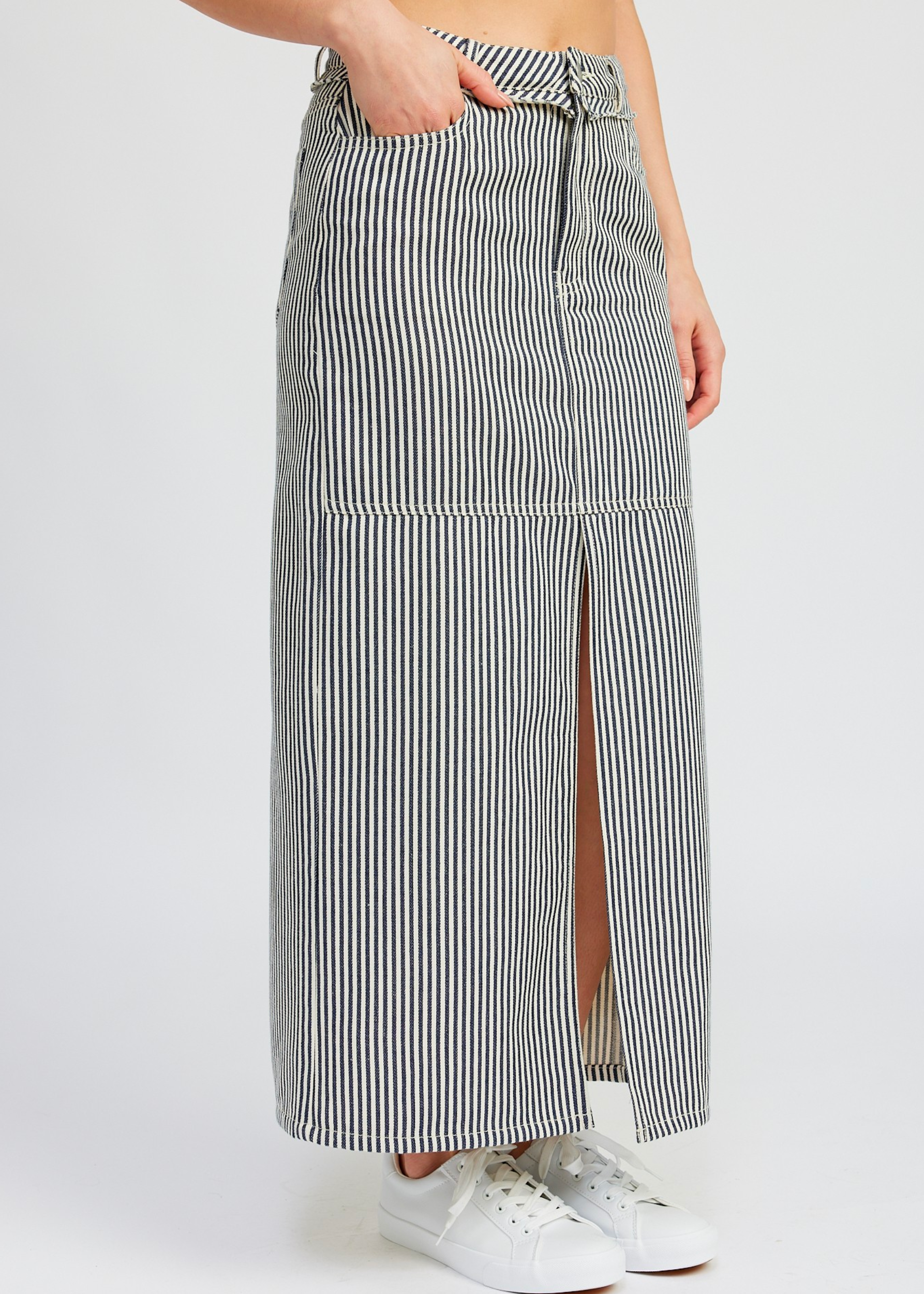 Striped Twill Maxi Skirt With Slit
