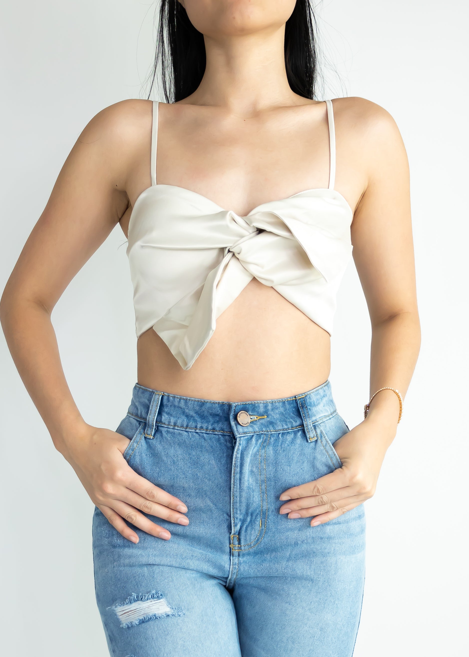 Plain Spaghetti Strap Bow Knot Front Crop Cami Top