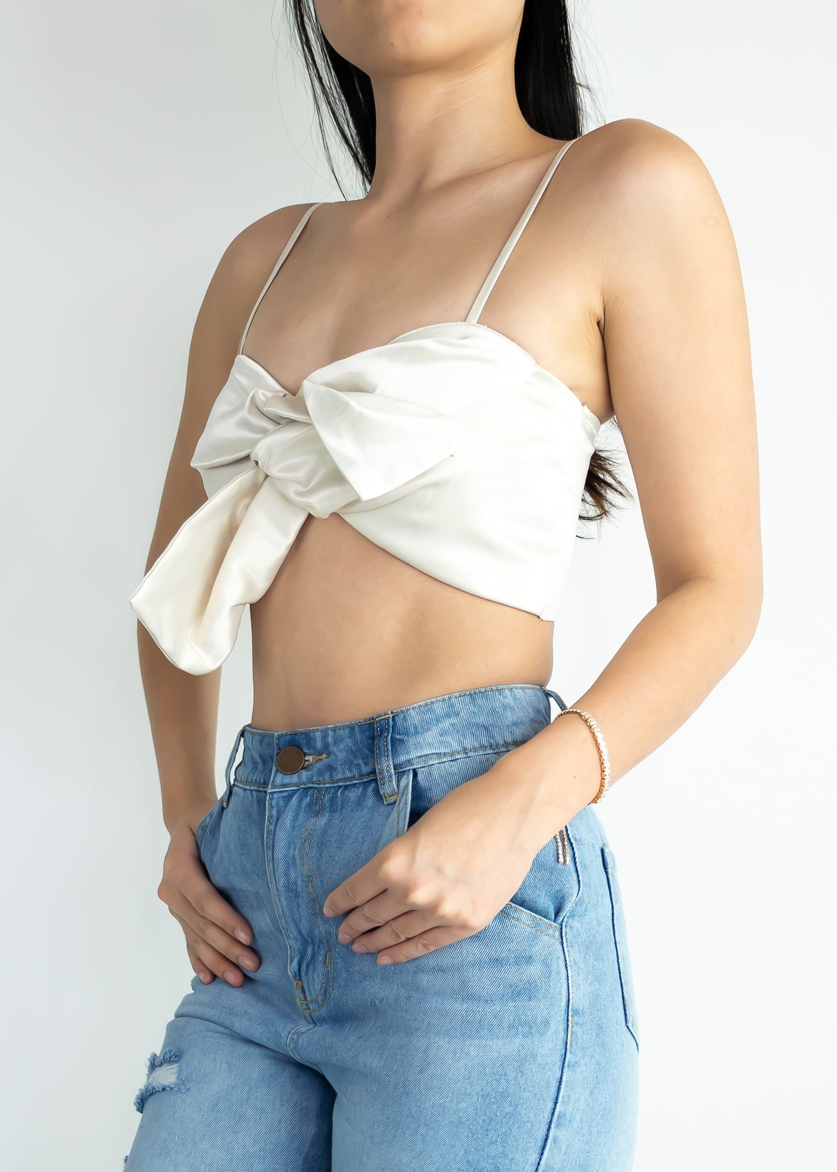 Plain Spaghetti Strap Bow Knot Front Crop Cami Top